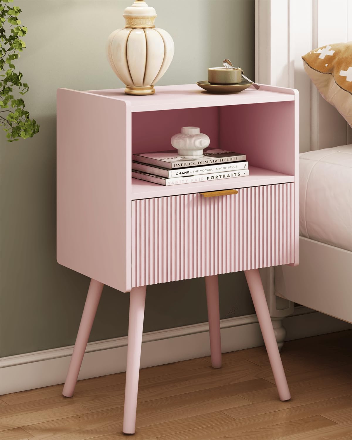 White Nightstand,Modern Bedside Table with Storage Drawer and Open Wood Shelf, for Living Room, Bedroom and Small Spaces, Accent Night Stand with Solid Wood Legs, Easy Assembly,Classic White
