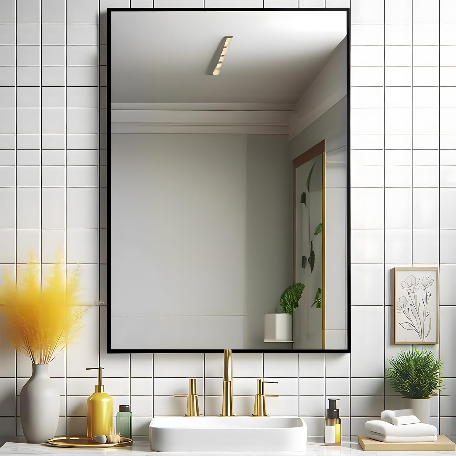 Irregular Mirror 34"x21" Heterotypic Bathroom Mirror Asymmetrical Wall Mirror Black Vanity Mirror Frosted Frameless Anti-Rust Tempered Glass Hangs Mirror for Bedroom Entryway Room Decorative