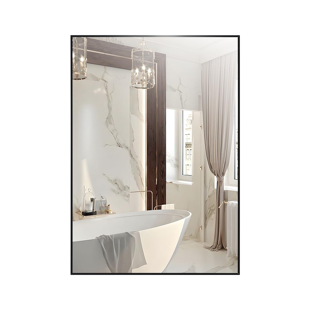 Irregular Mirror 34"x21" Heterotypic Bathroom Mirror Asymmetrical Wall Mirror Black Vanity Mirror Frosted Frameless Anti-Rust Tempered Glass Hangs Mirror for Bedroom Entryway Room Decorative