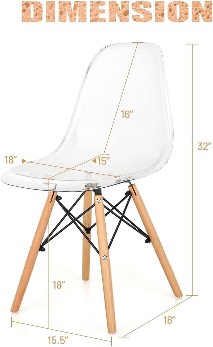 Modern Acrylic Chairs - Clear Desk & Side Chairs for Kitchen, Dining Room, Living Room with Wooden Leg
