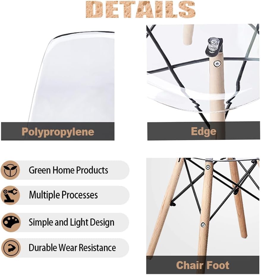 Modern Acrylic Chairs - Clear Desk & Side Chairs for Kitchen, Dining Room, Living Room with Wooden Leg