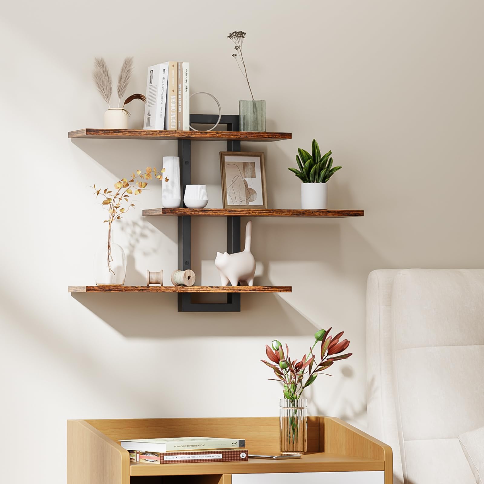 Homode Floating Shelves for Wall, Wood Wall Shelves for Bathroom, 3 Tier Shelves for Wall Decor, Decorative Hanging Storage Shelf for Bedroom Kitchen Living Room, Rustic Brown and Black