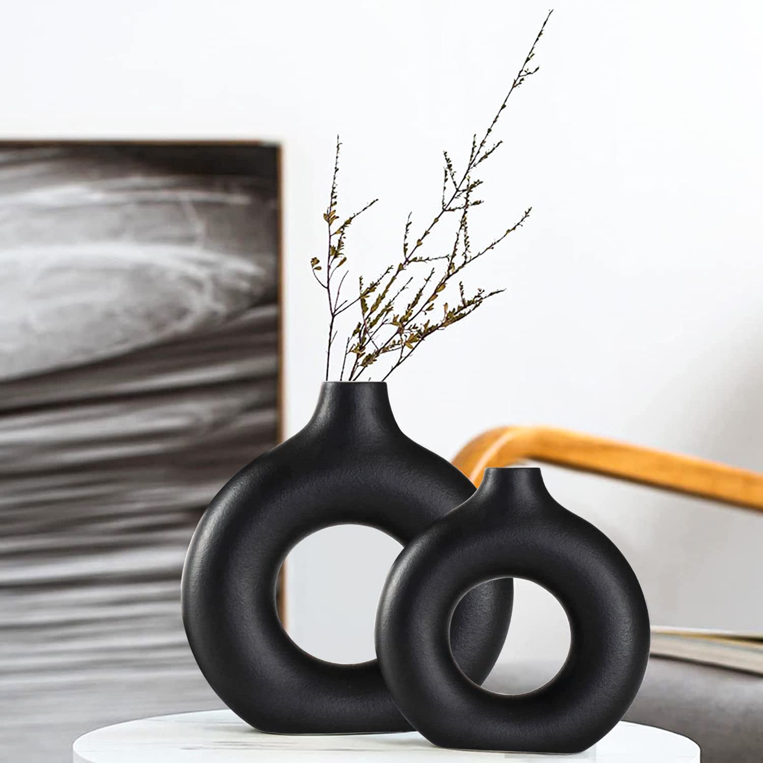 White Ceramic Vases- 2 for Modern Home Decor, Round Matte Boho Vase for Decor, Ceramic Minimalist Nordic Style for Wedding Dinner Table Living Room Office