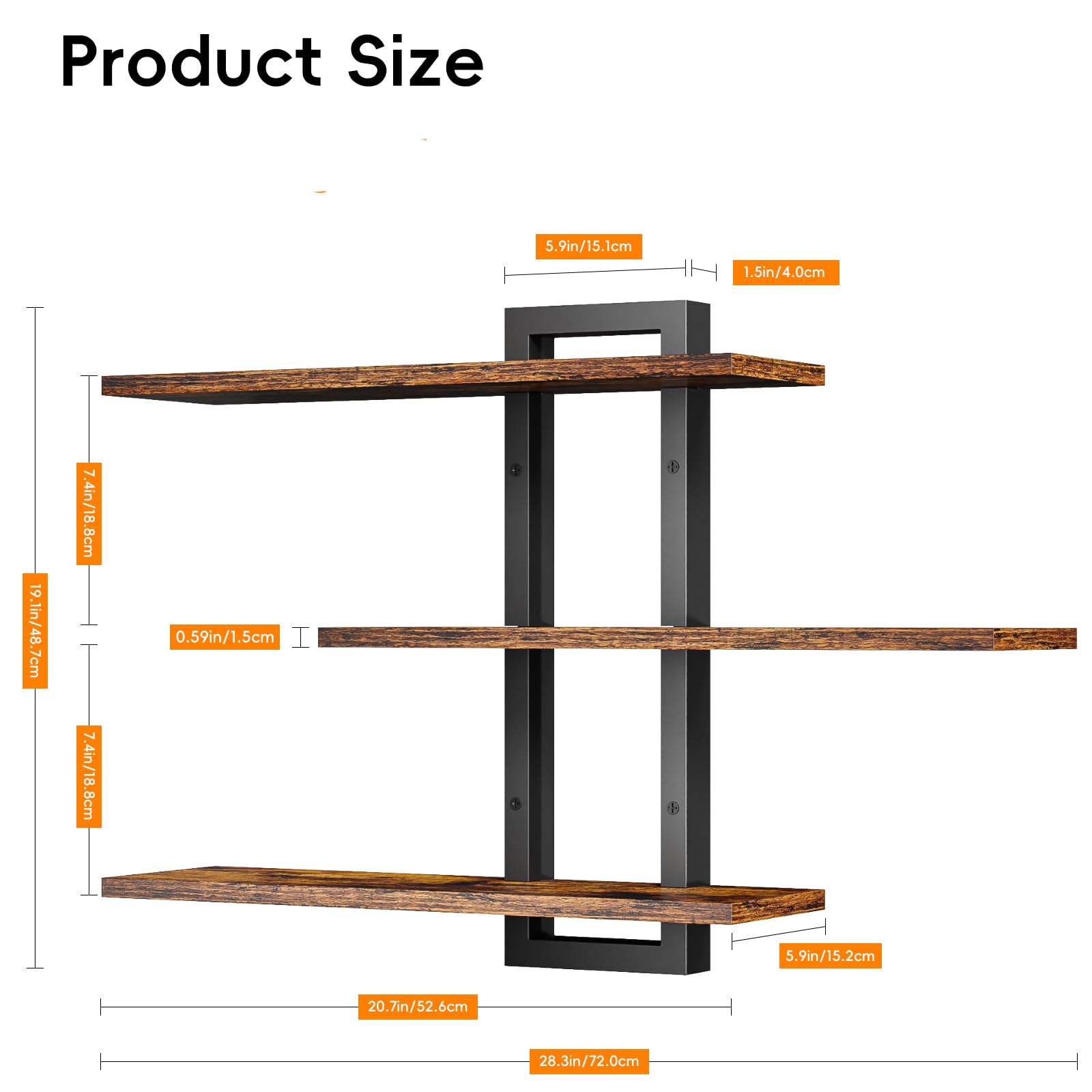 Homode Floating Shelves for Wall, Wood Wall Shelves for Bathroom, 3 Tier Shelves for Wall Decor, Decorative Hanging Storage Shelf for Bedroom Kitchen Living Room, Rustic Brown and Black