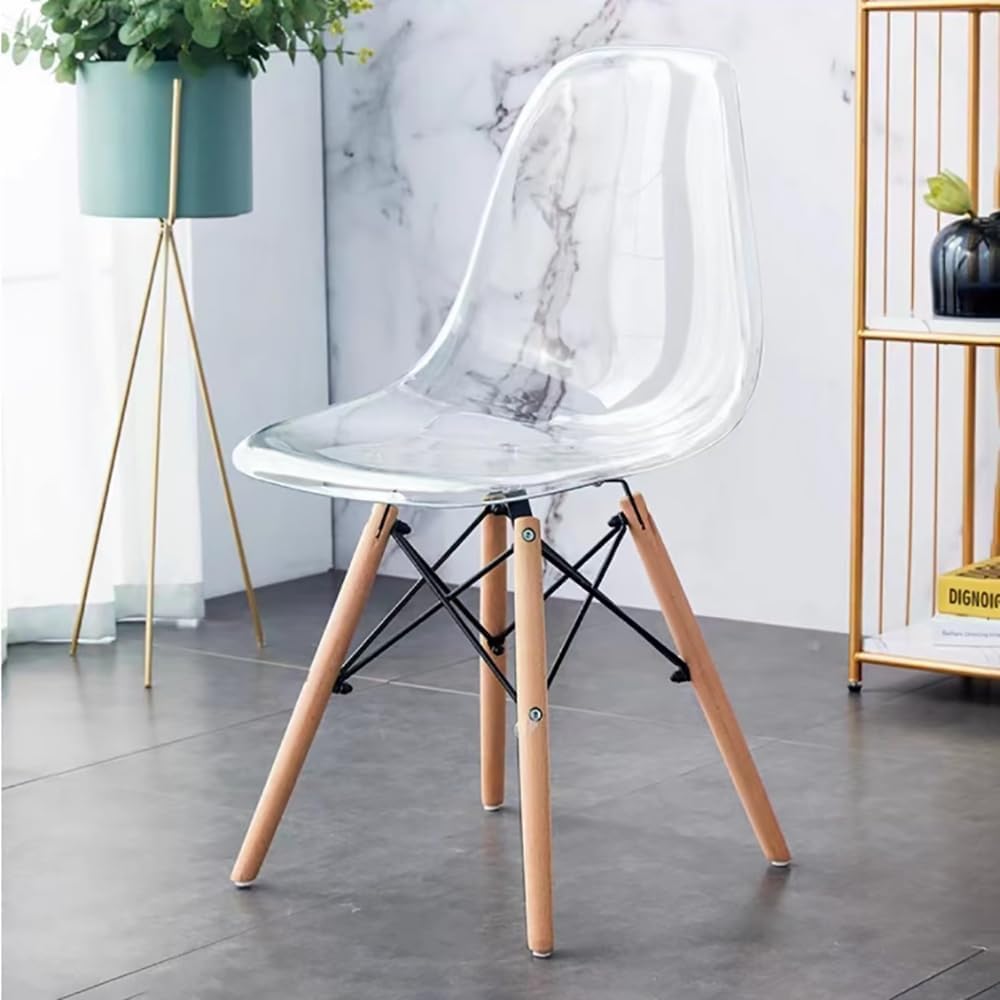 Modern Acrylic Chairs - Clear Desk & Side Chairs for Kitchen, Dining Room, Living Room with Wooden Leg