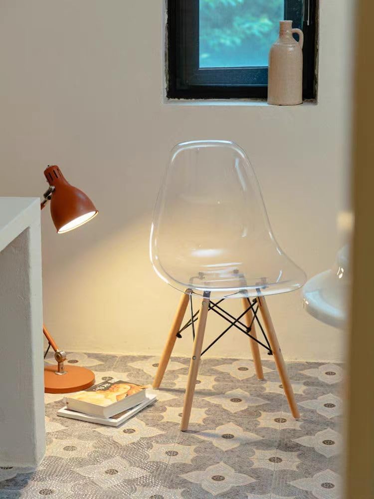 Modern Acrylic Chairs - Clear Desk & Side Chairs for Kitchen, Dining Room, Living Room with Wooden Leg