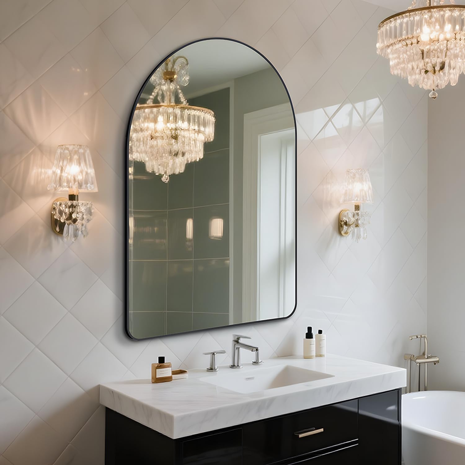 Irregular Mirror 34"x21" Heterotypic Bathroom Mirror Asymmetrical Wall Mirror Black Vanity Mirror Frosted Frameless Anti-Rust Tempered Glass Hangs Mirror for Bedroom Entryway Room Decorative
