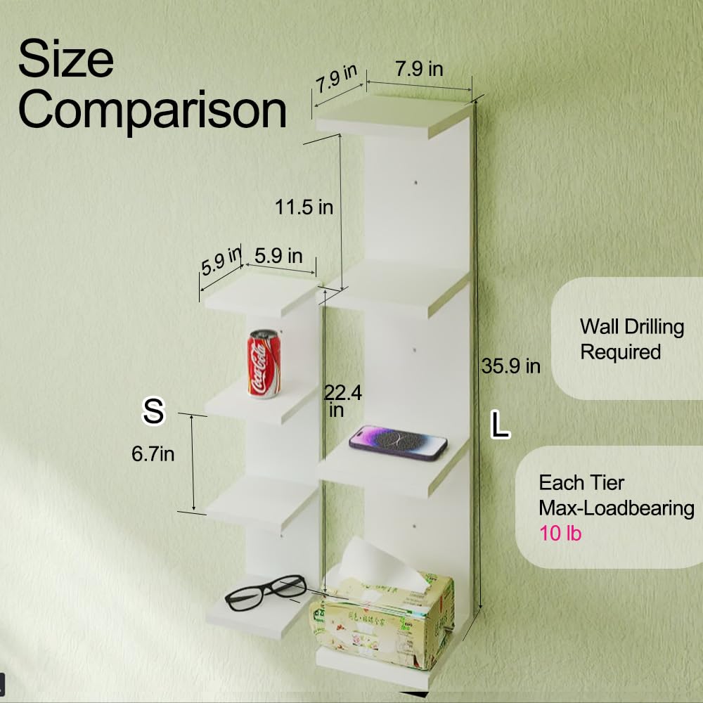 7 Tier White Floating Shelves, Wall Shelf Unit for Wall Decor Vanity Bedroom Living Room, Narrow Wall-Mount Shelving, Small 4-Tier Lack Display Shelves, 22.4 x 5.9 x 5.9 inches - Set of 2