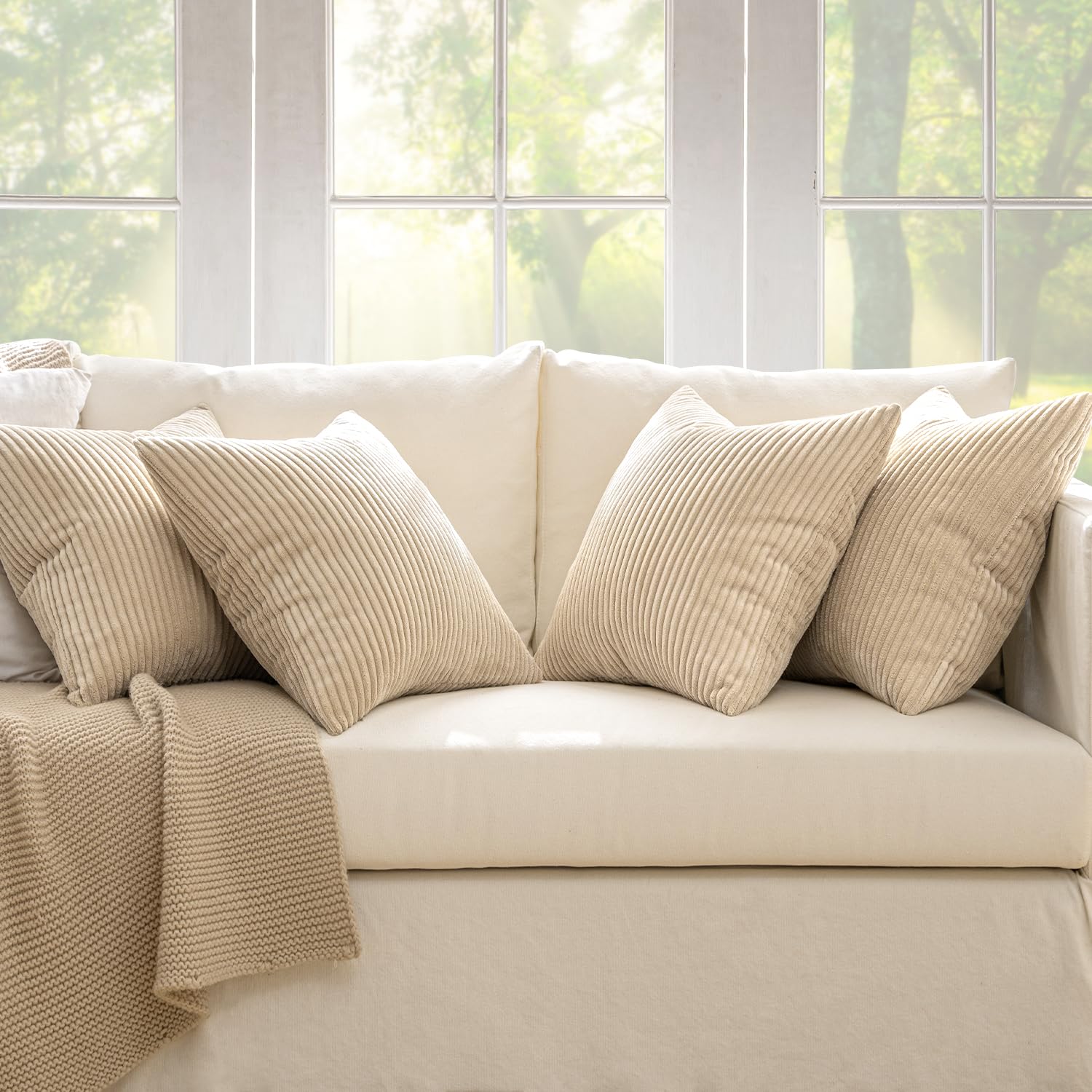 MIULEE Summer Boho Farmhouse Sage Green Throw Pillow Covers 18x18 Inch Set of 4 Mordern Nordic Cushion Covers Soft Corduroy Home Decor for Couch Bed Sofa Living Room Forest Green