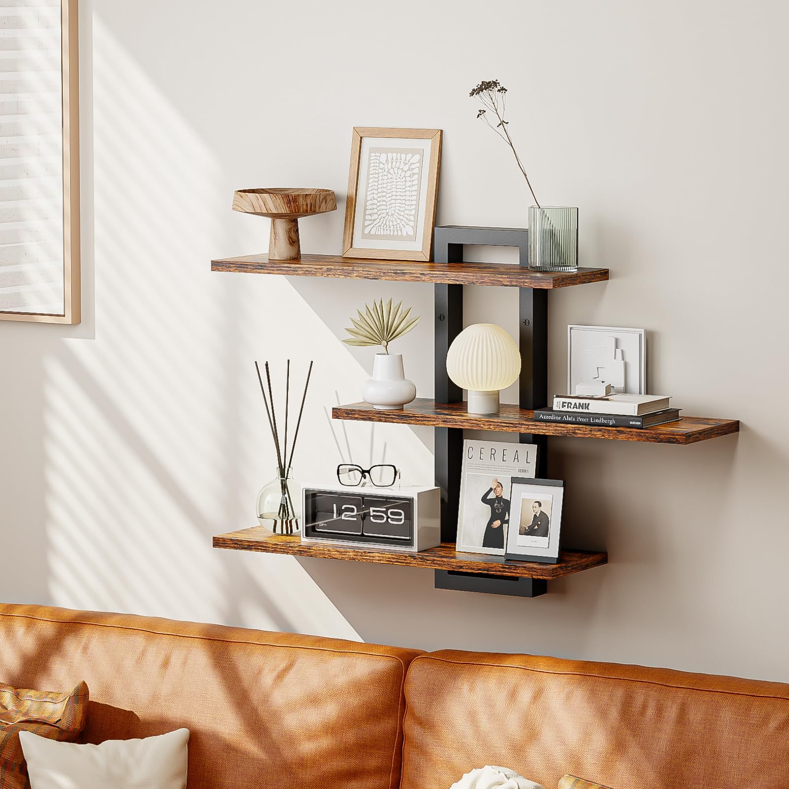 Homode Floating Shelves for Wall, Wood Wall Shelves for Bathroom, 3 Tier Shelves for Wall Decor, Decorative Hanging Storage Shelf for Bedroom Kitchen Living Room, Rustic Brown and Black