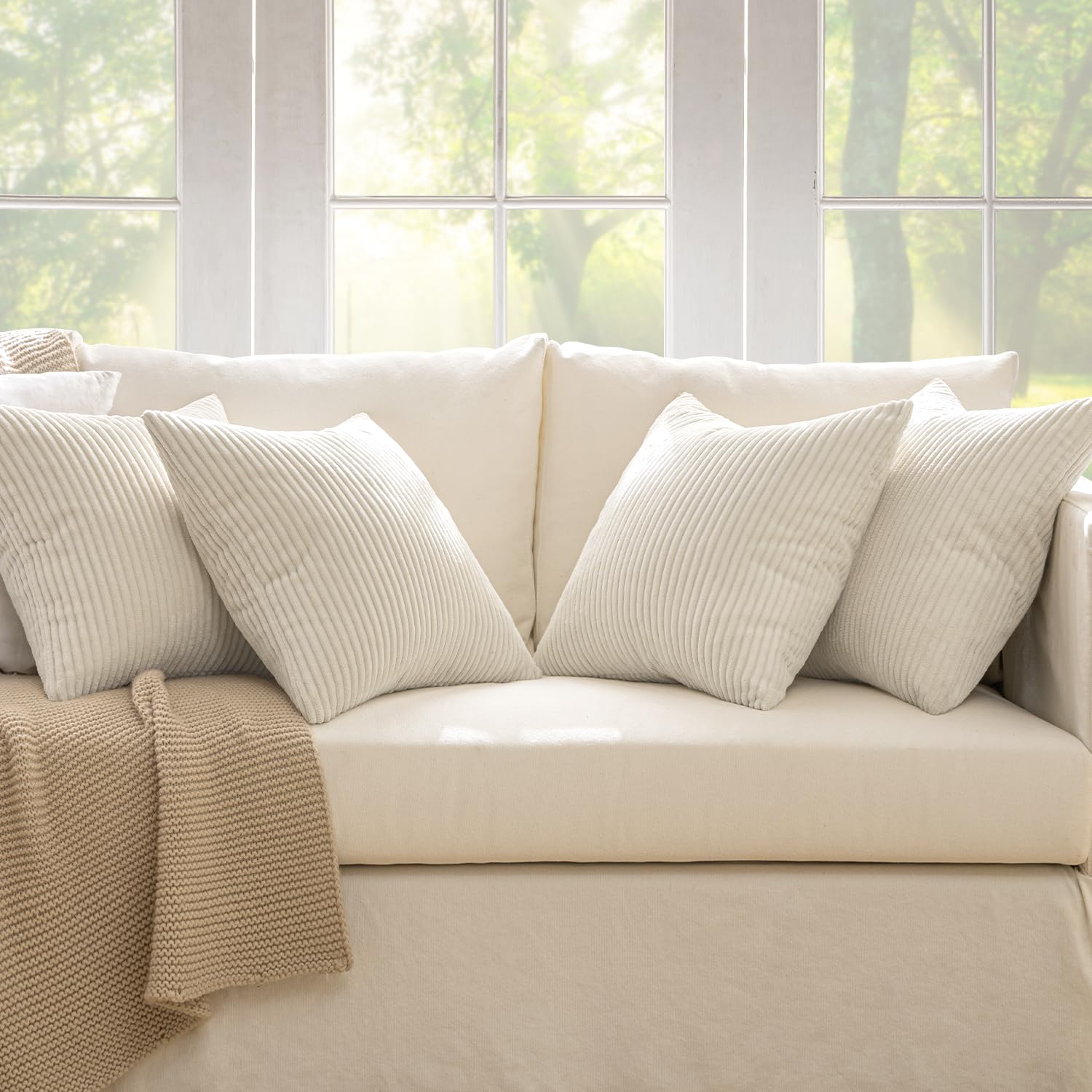 MIULEE Summer Boho Farmhouse Sage Green Throw Pillow Covers 18x18 Inch Set of 4 Mordern Nordic Cushion Covers Soft Corduroy Home Decor for Couch Bed Sofa Living Room Forest Green