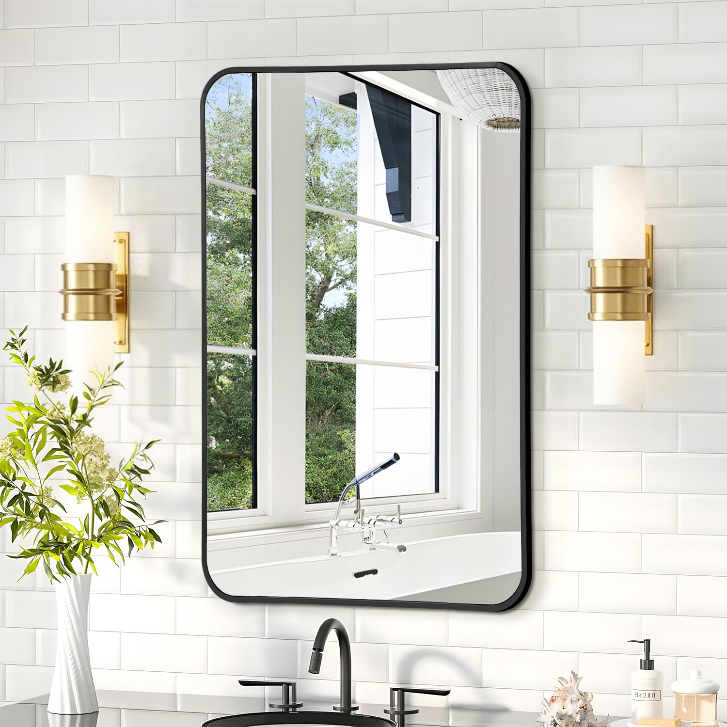 Irregular Mirror 34"x21" Heterotypic Bathroom Mirror Asymmetrical Wall Mirror Black Vanity Mirror Frosted Frameless Anti-Rust Tempered Glass Hangs Mirror for Bedroom Entryway Room Decorative