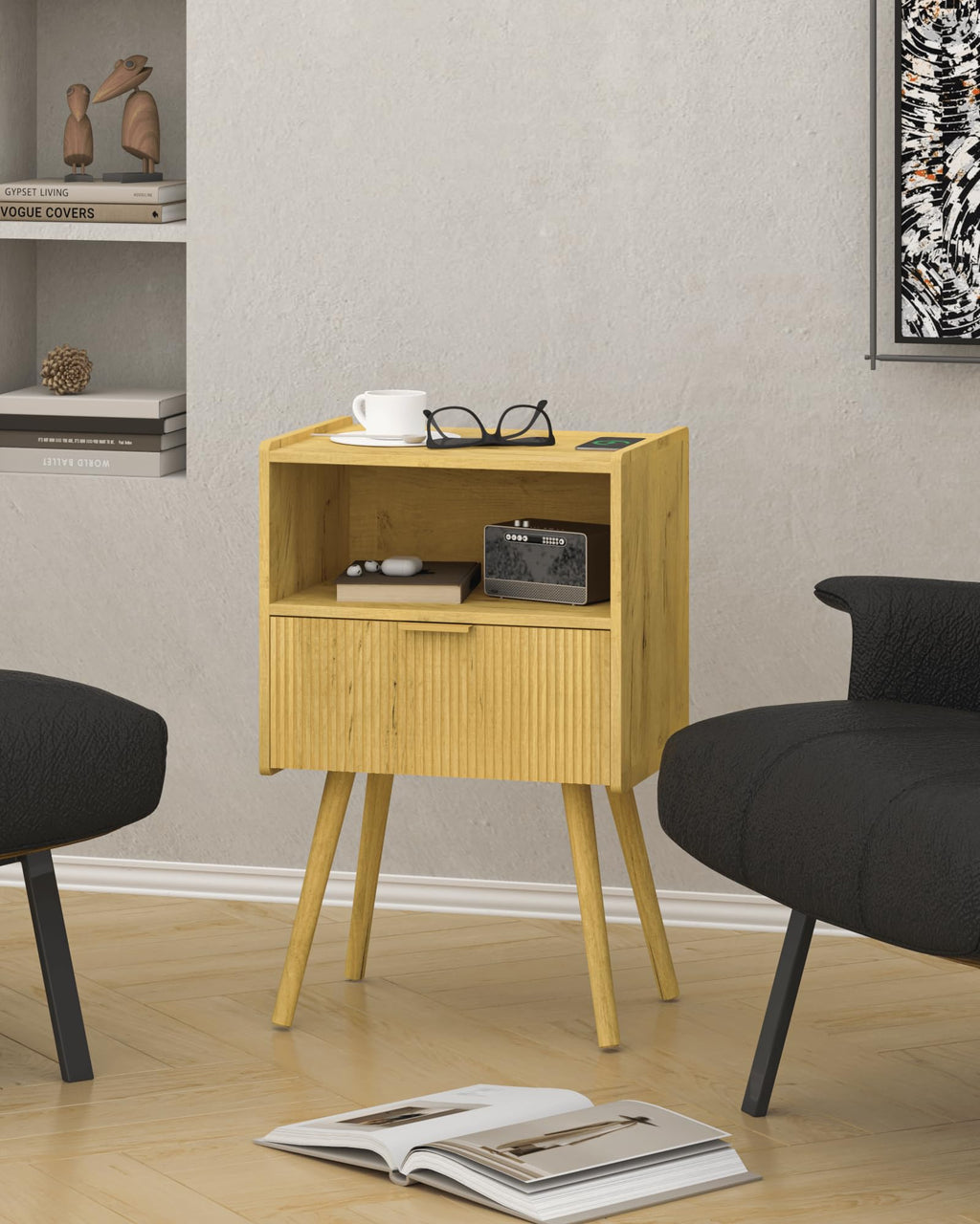 White Nightstand,Modern Bedside Table with Storage Drawer and Open Wood Shelf, for Living Room, Bedroom and Small Spaces, Accent Night Stand with Solid Wood Legs, Easy Assembly,Classic White