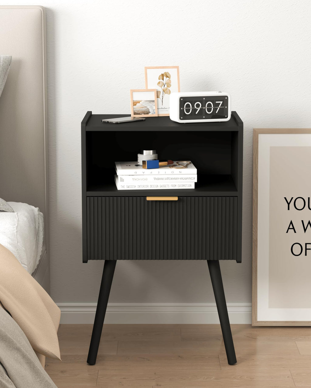 White Nightstand,Modern Bedside Table with Storage Drawer and Open Wood Shelf, for Living Room, Bedroom and Small Spaces, Accent Night Stand with Solid Wood Legs, Easy Assembly,Classic White