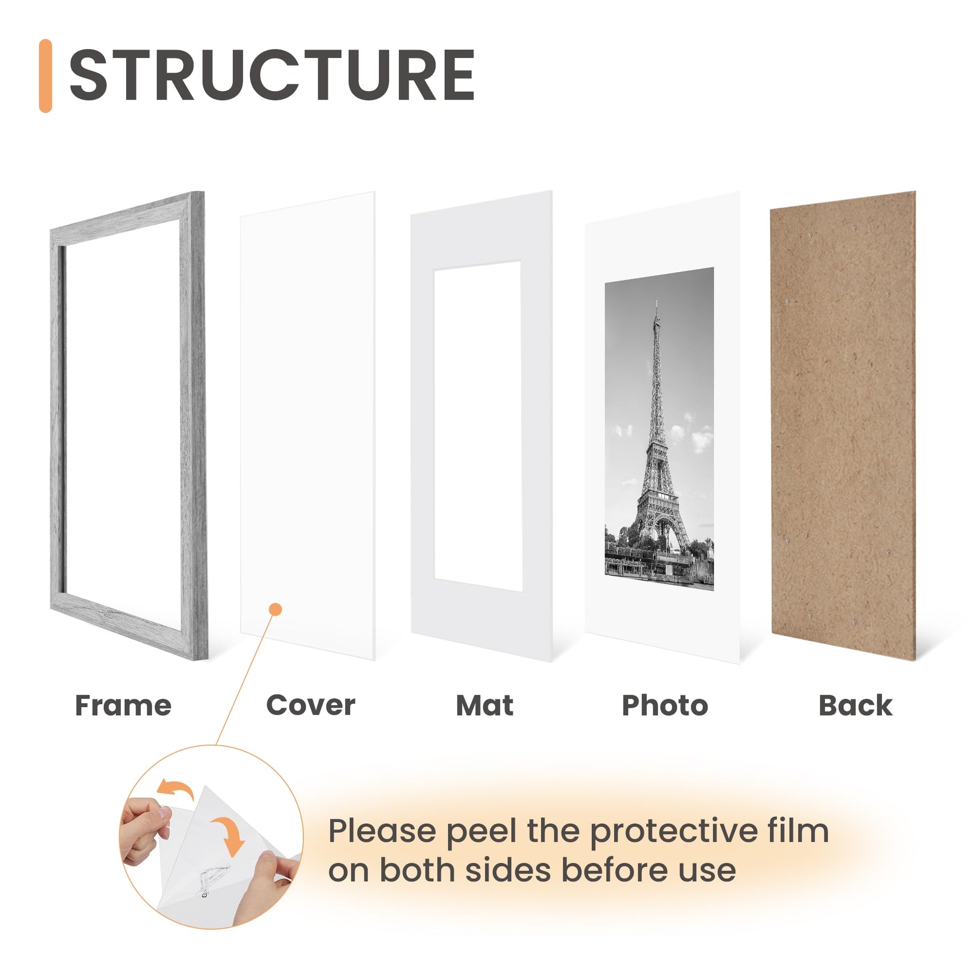 upsimples 11x14 Picture Frame Set of 5, Display Pictures 8x10 with Mat or 11x14 Without Mat, Wall Gallery Photo Frames, Black