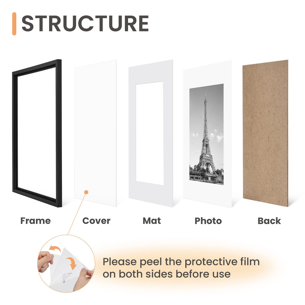 upsimples 11x14 Picture Frame Set of 5, Display Pictures 8x10 with Mat or 11x14 Without Mat, Wall Gallery Photo Frames, Black