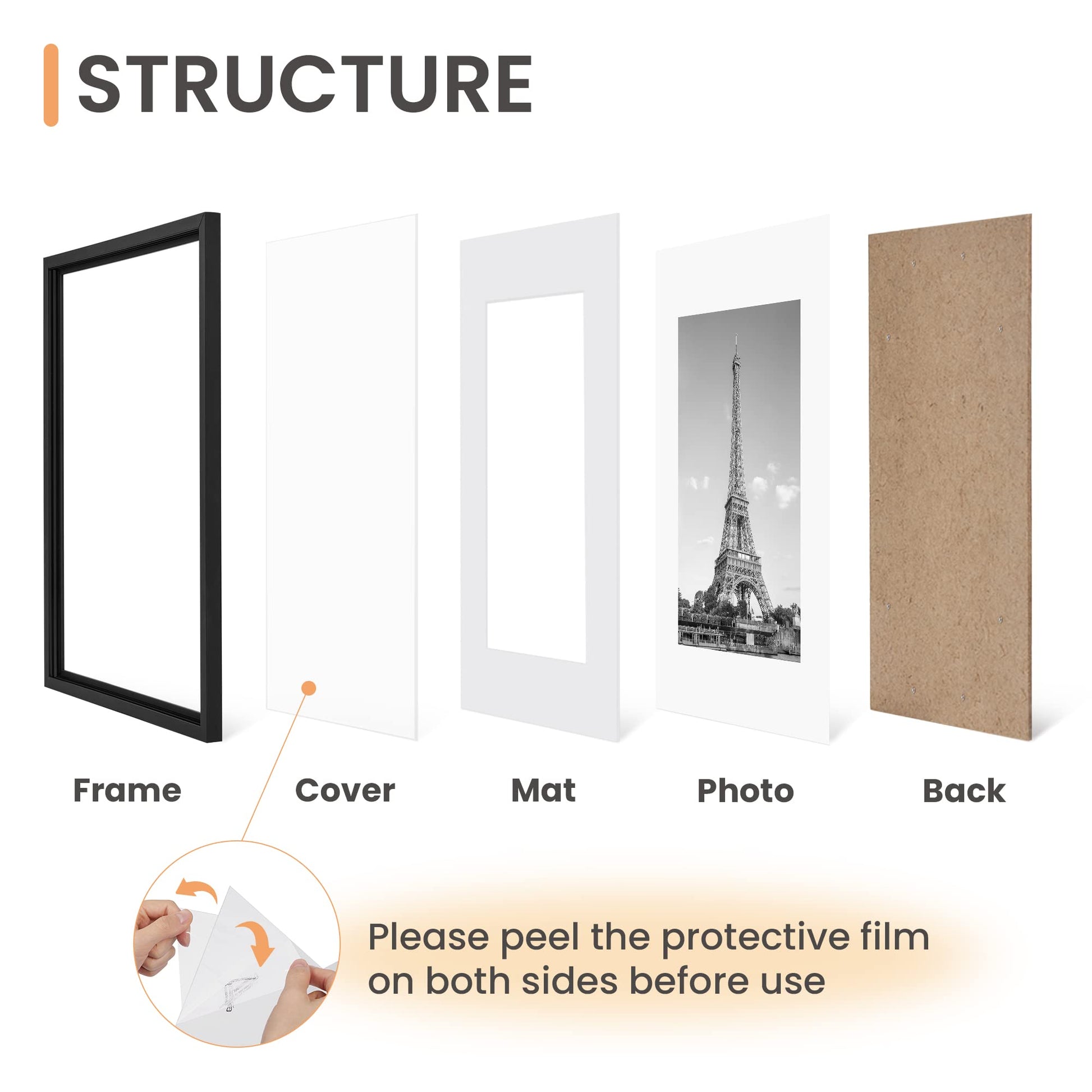 upsimples 11x14 Picture Frame Set of 5, Display Pictures 8x10 with Mat or 11x14 Without Mat, Wall Gallery Photo Frames, Black