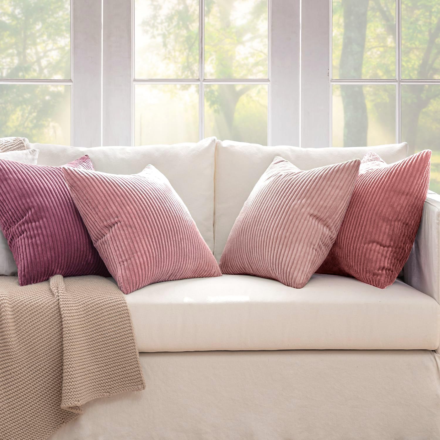 MIULEE Summer Boho Farmhouse Sage Green Throw Pillow Covers 18x18 Inch Set of 4 Mordern Nordic Cushion Covers Soft Corduroy Home Decor for Couch Bed Sofa Living Room Forest Green