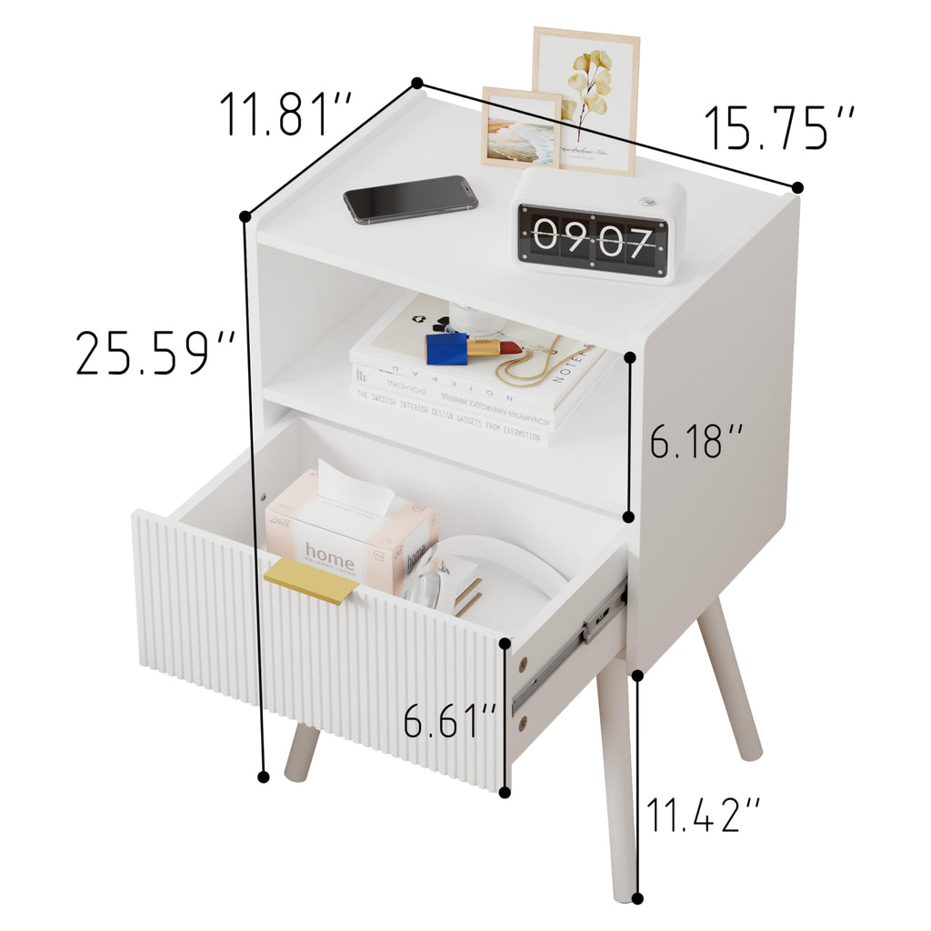 White Nightstand,Modern Bedside Table with Storage Drawer and Open Wood Shelf, for Living Room, Bedroom and Small Spaces, Accent Night Stand with Solid Wood Legs, Easy Assembly,Classic White