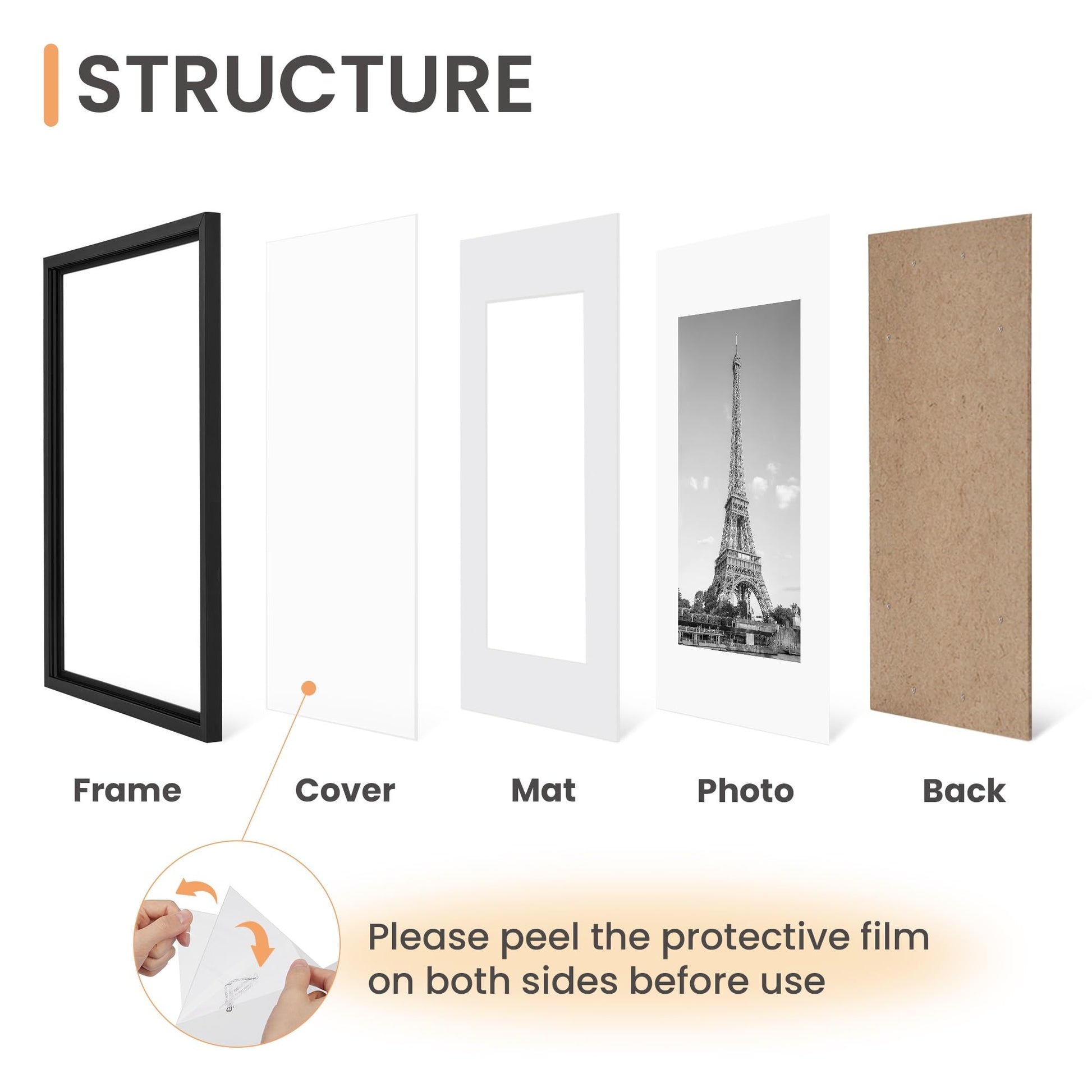 upsimples 11x14 Picture Frame Set of 5, Display Pictures 8x10 with Mat or 11x14 Without Mat, Wall Gallery Photo Frames, Black