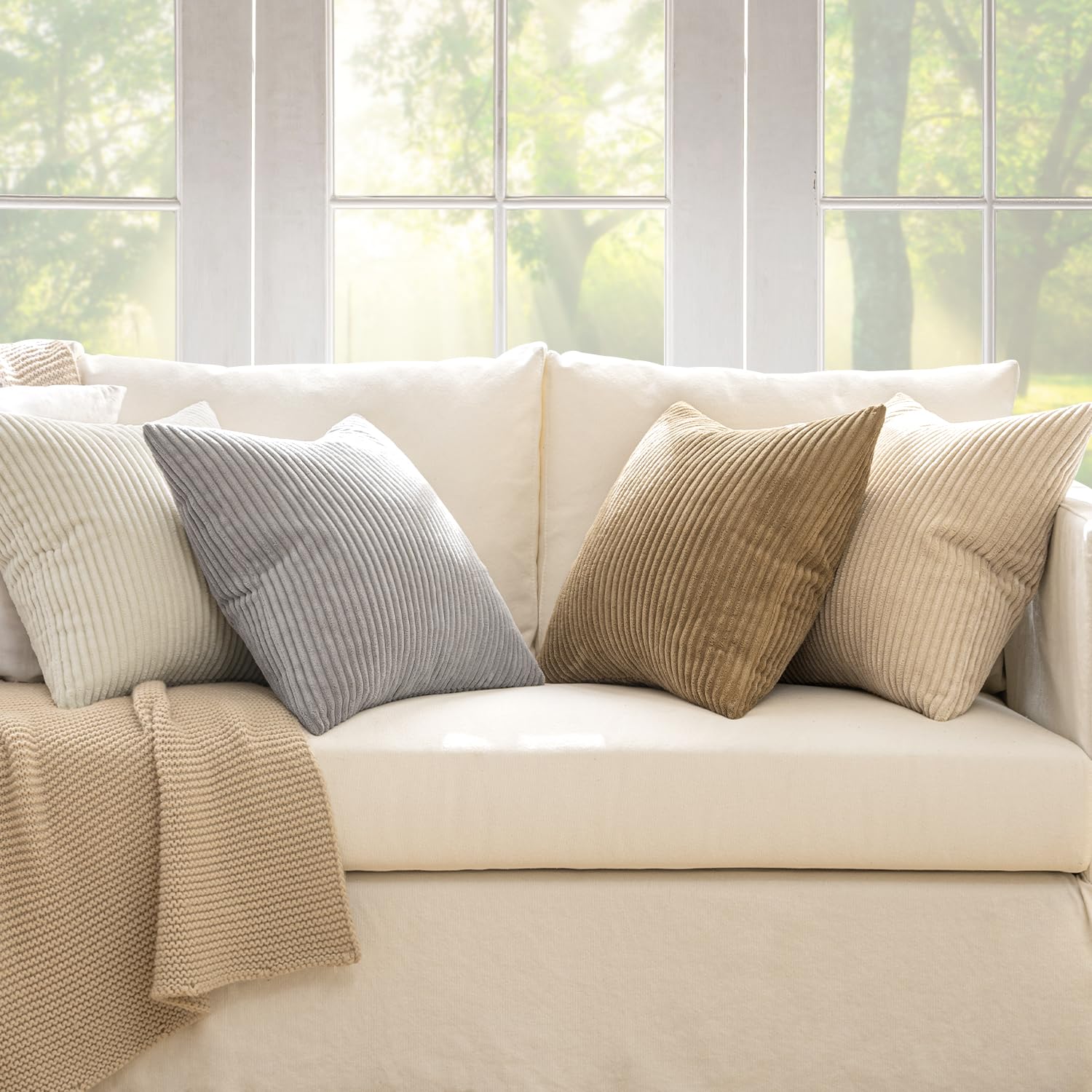 MIULEE Summer Boho Farmhouse Sage Green Throw Pillow Covers 18x18 Inch Set of 4 Mordern Nordic Cushion Covers Soft Corduroy Home Decor for Couch Bed Sofa Living Room Forest Green