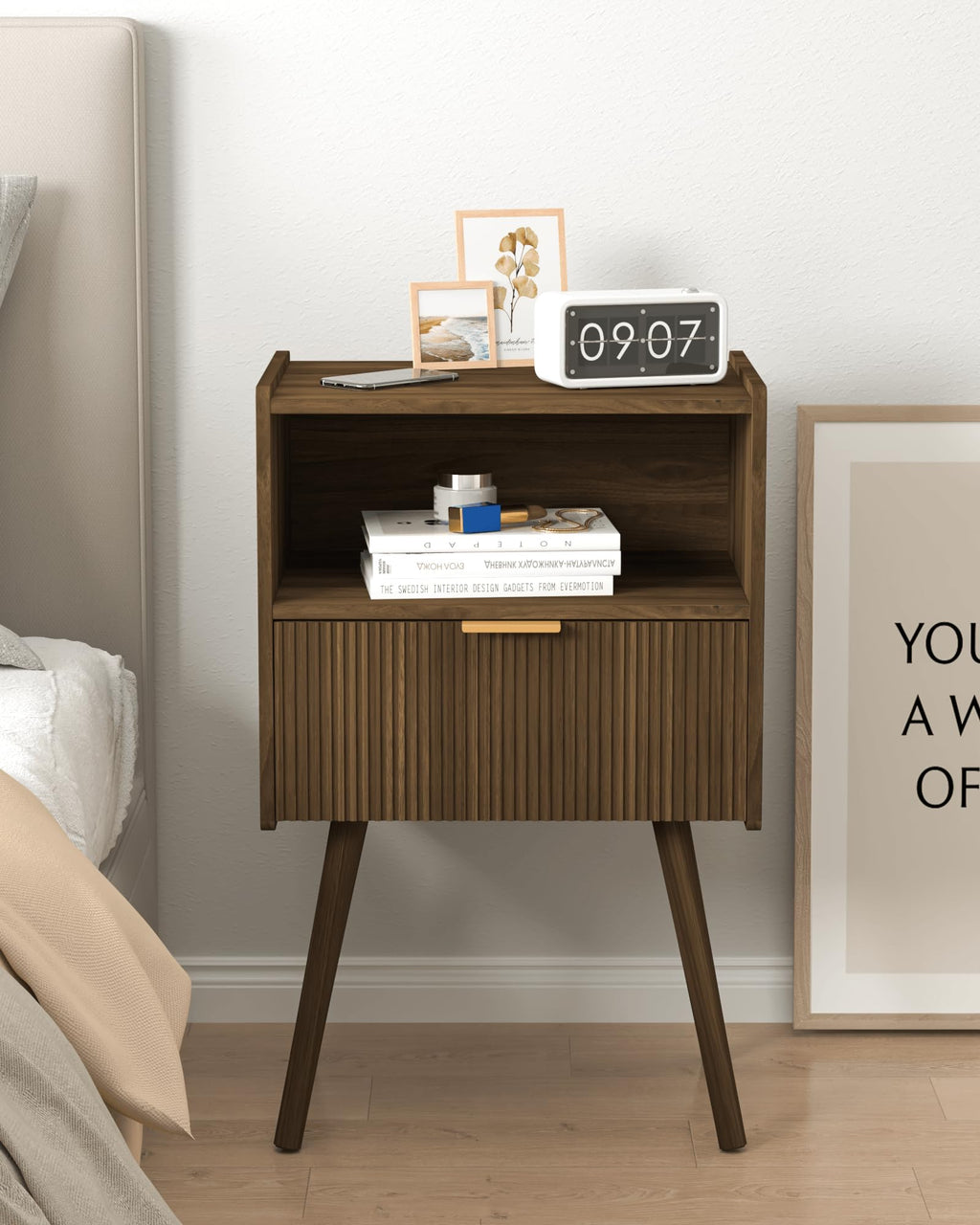White Nightstand,Modern Bedside Table with Storage Drawer and Open Wood Shelf, for Living Room, Bedroom and Small Spaces, Accent Night Stand with Solid Wood Legs, Easy Assembly,Classic White