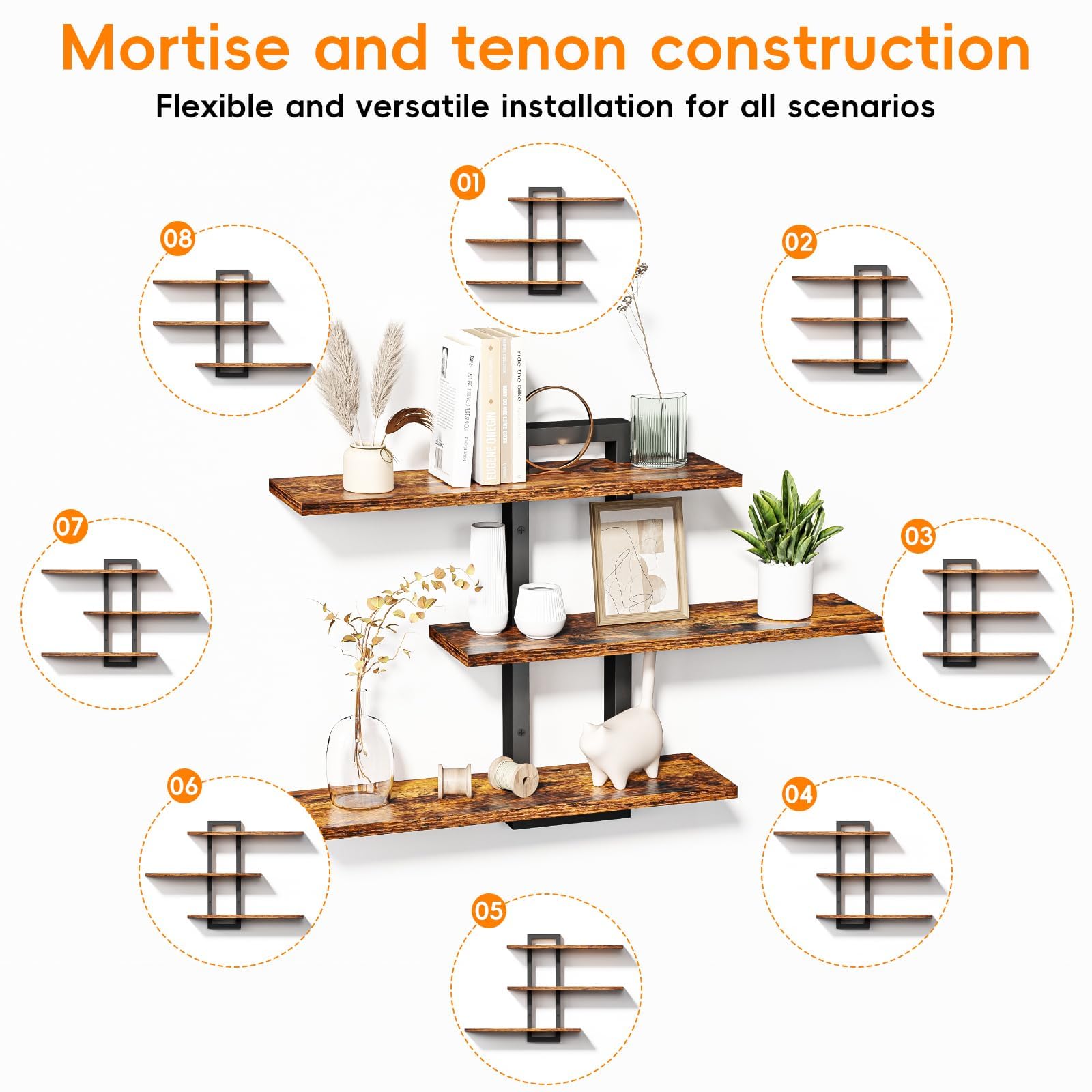 Homode Floating Shelves for Wall, Wood Wall Shelves for Bathroom, 3 Tier Shelves for Wall Decor, Decorative Hanging Storage Shelf for Bedroom Kitchen Living Room, Rustic Brown and Black