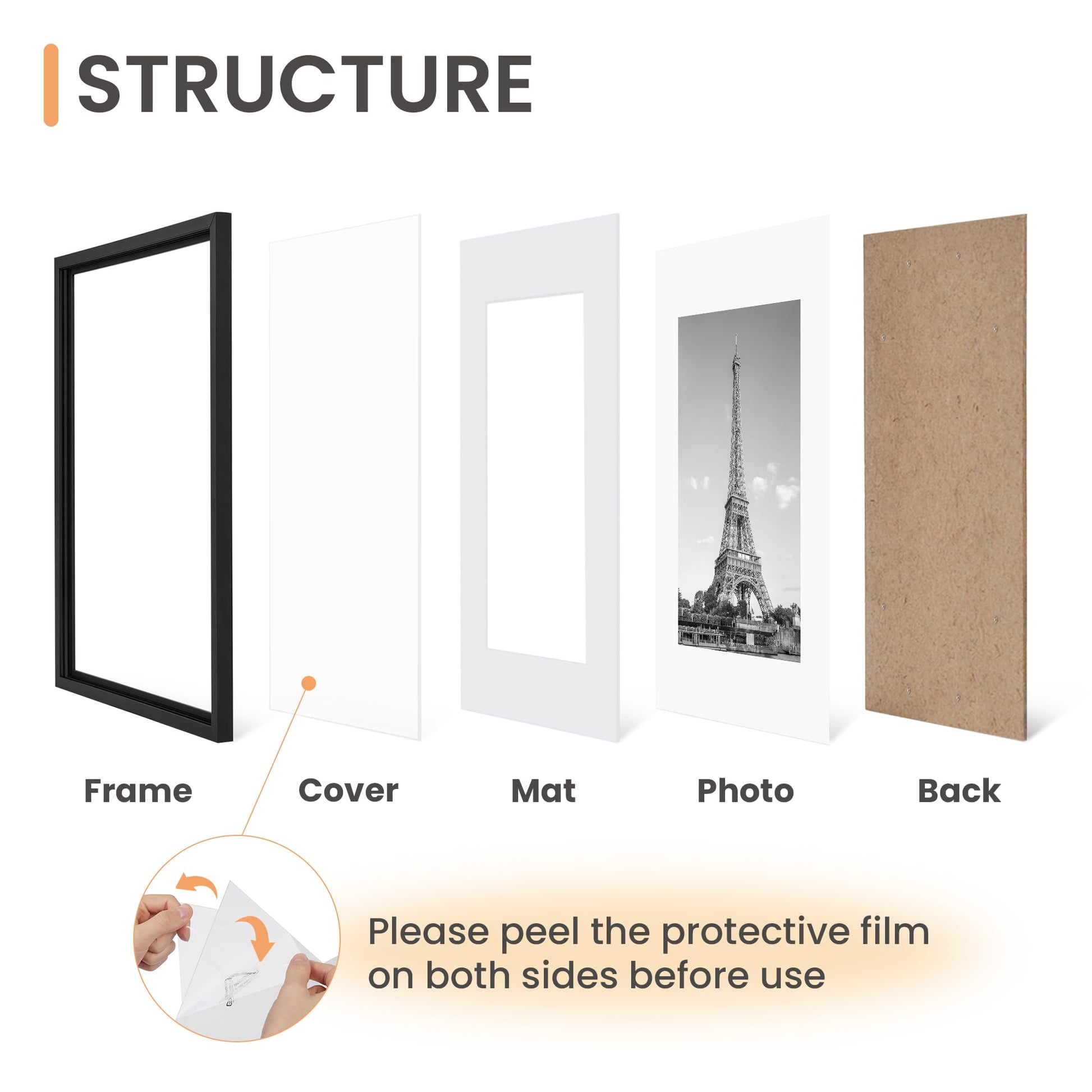 upsimples 11x14 Picture Frame Set of 5, Display Pictures 8x10 with Mat or 11x14 Without Mat, Wall Gallery Photo Frames, Black