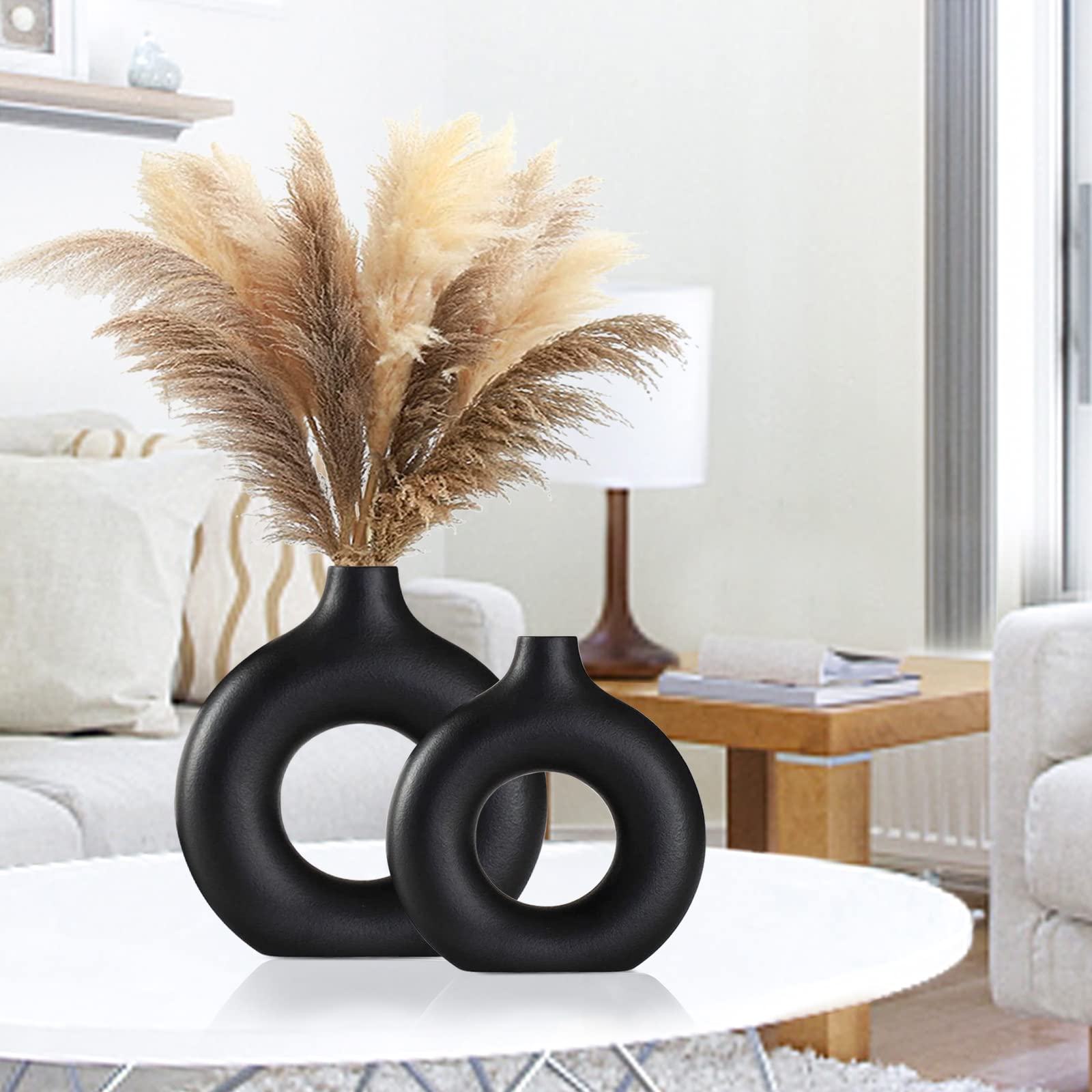 White Ceramic Vases- 2 for Modern Home Decor, Round Matte Boho Vase for Decor, Ceramic Minimalist Nordic Style for Wedding Dinner Table Living Room Office