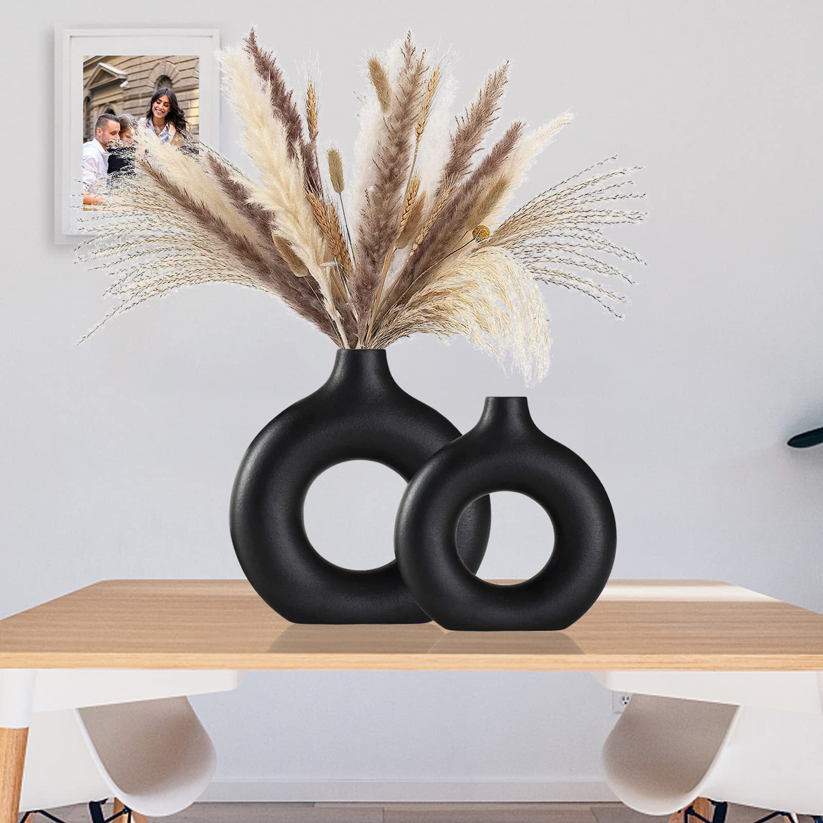 White Ceramic Vases- 2 for Modern Home Decor, Round Matte Boho Vase for Decor, Ceramic Minimalist Nordic Style for Wedding Dinner Table Living Room Office