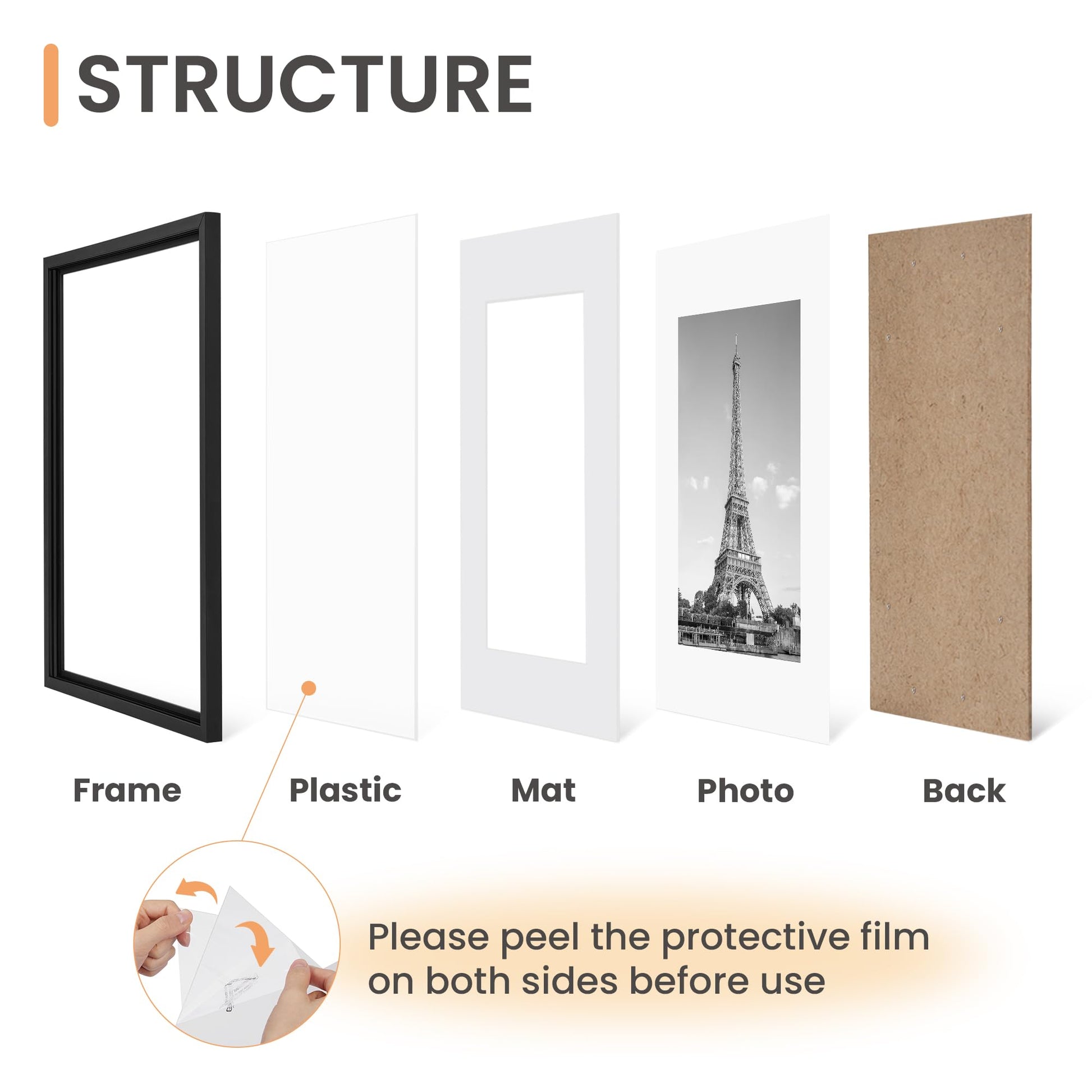 upsimples 11x14 Picture Frame Set of 5, Display Pictures 8x10 with Mat or 11x14 Without Mat, Wall Gallery Photo Frames, Black