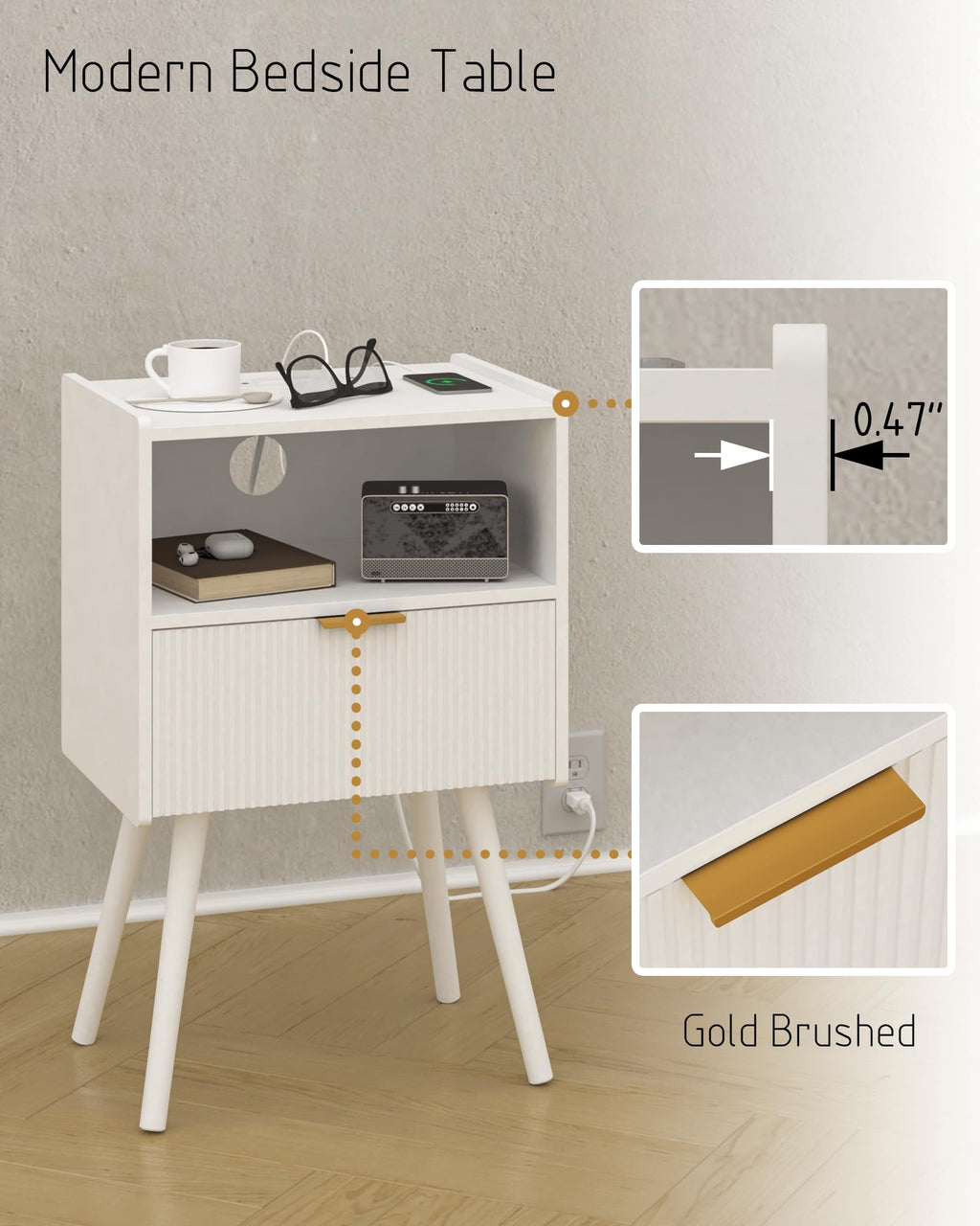 White Nightstand,Modern Bedside Table with Storage Drawer and Open Wood Shelf, for Living Room, Bedroom and Small Spaces, Accent Night Stand with Solid Wood Legs, Easy Assembly,Classic White