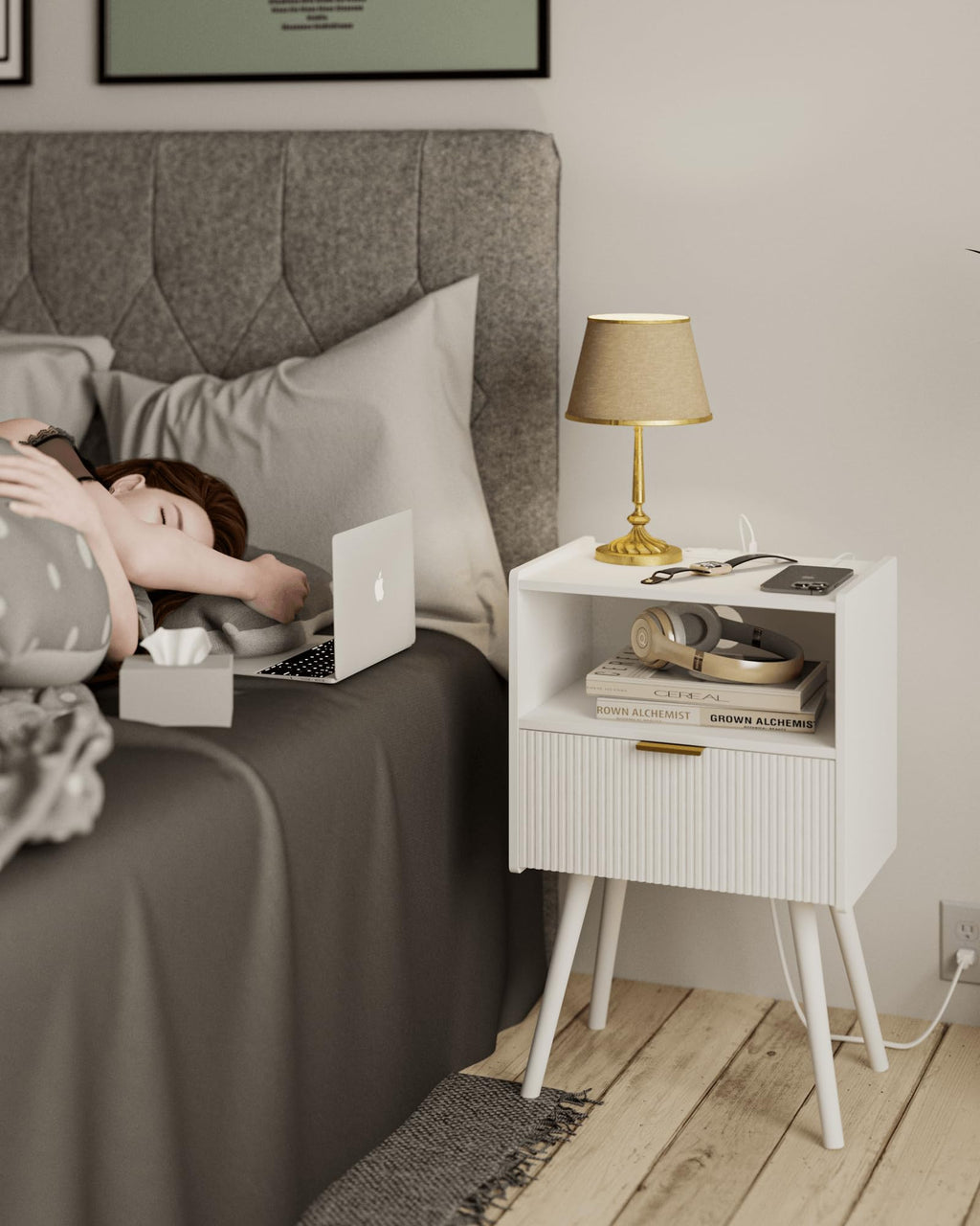 White Nightstand,Modern Bedside Table with Storage Drawer and Open Wood Shelf, for Living Room, Bedroom and Small Spaces, Accent Night Stand with Solid Wood Legs, Easy Assembly,Classic White