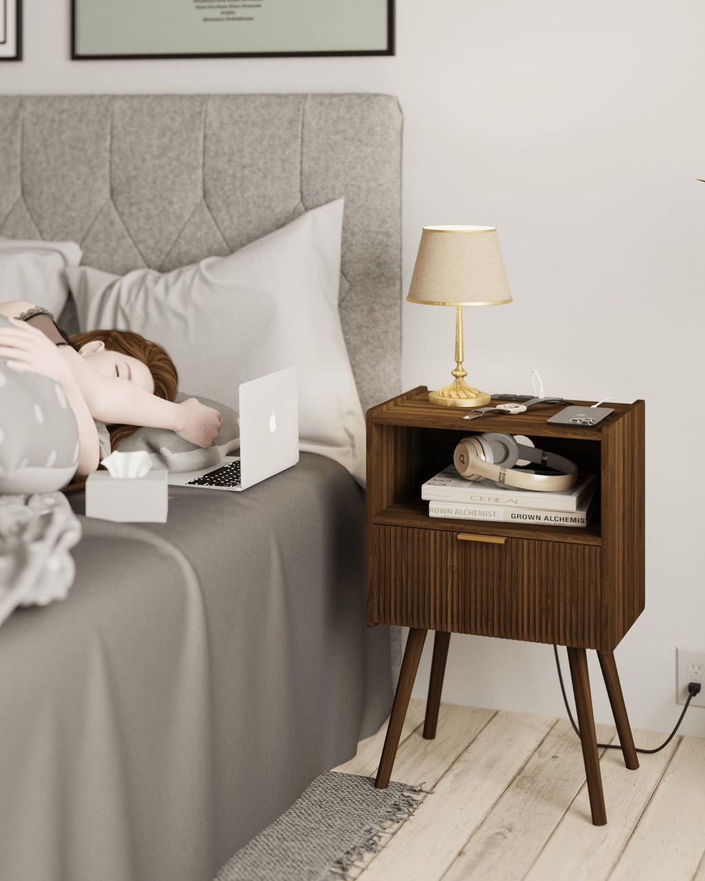 White Nightstand,Modern Bedside Table with Storage Drawer and Open Wood Shelf, for Living Room, Bedroom and Small Spaces, Accent Night Stand with Solid Wood Legs, Easy Assembly,Classic White