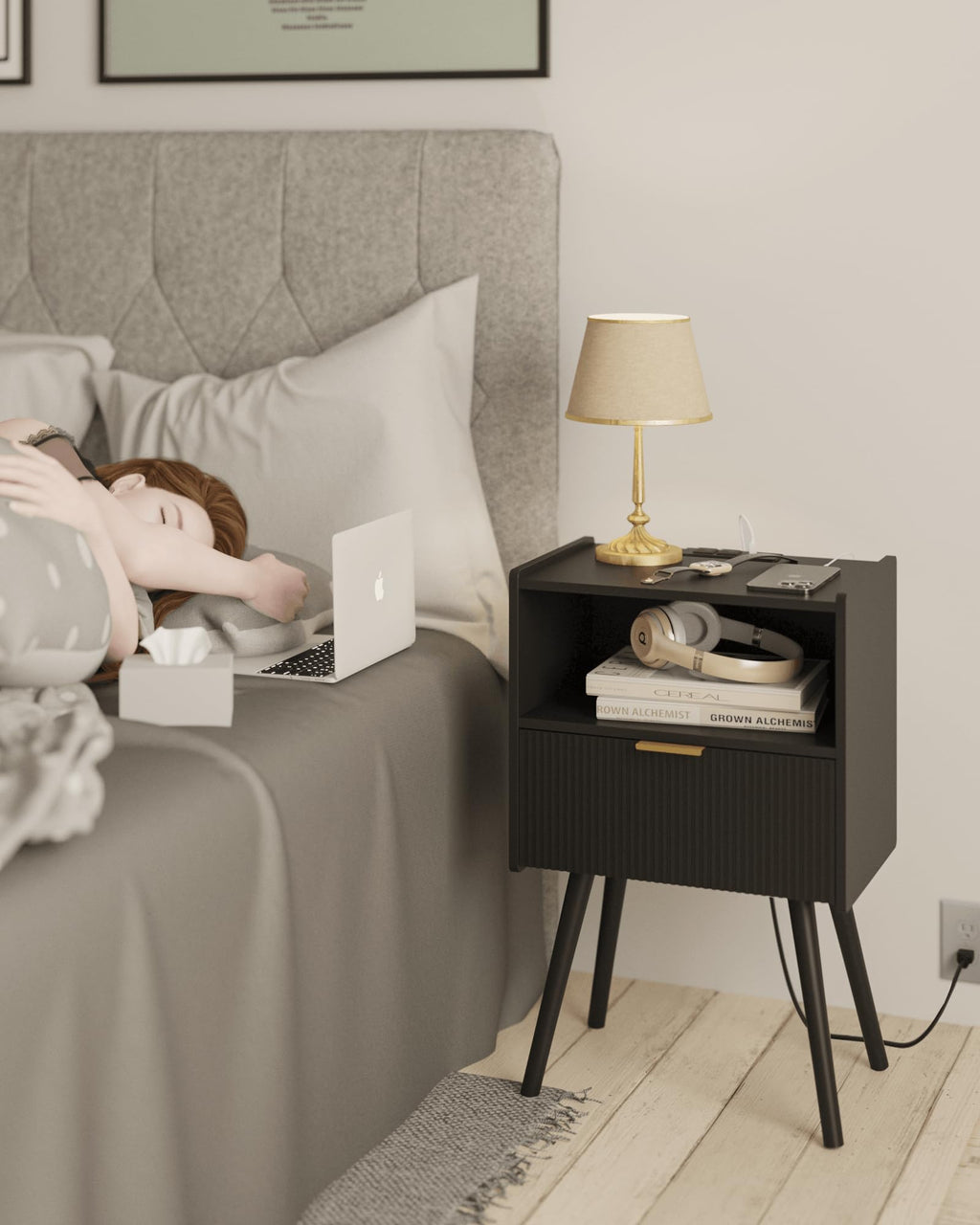 White Nightstand,Modern Bedside Table with Storage Drawer and Open Wood Shelf, for Living Room, Bedroom and Small Spaces, Accent Night Stand with Solid Wood Legs, Easy Assembly,Classic White