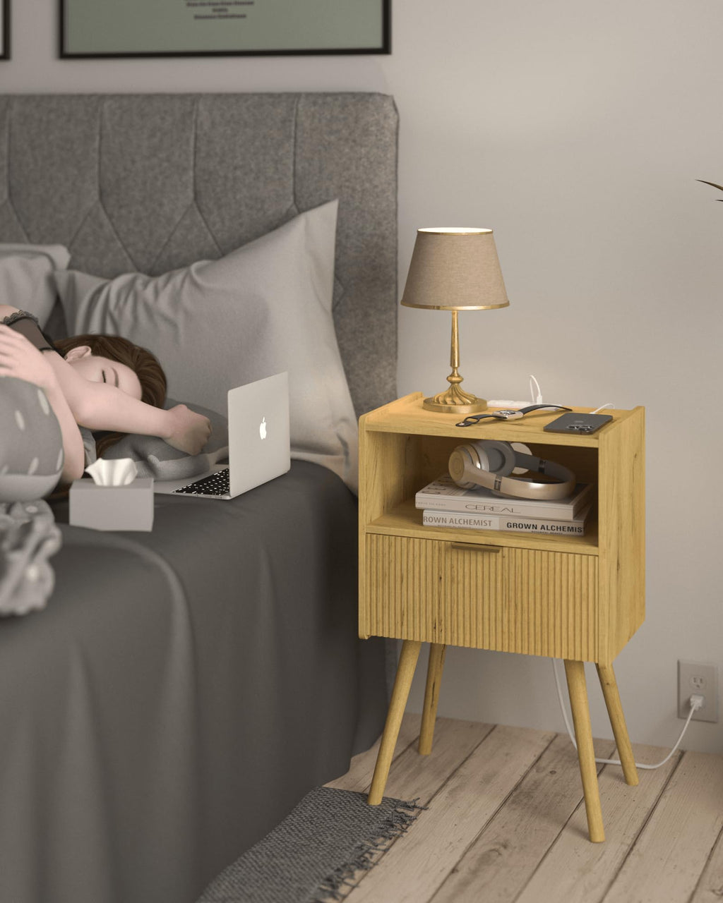 White Nightstand,Modern Bedside Table with Storage Drawer and Open Wood Shelf, for Living Room, Bedroom and Small Spaces, Accent Night Stand with Solid Wood Legs, Easy Assembly,Classic White
