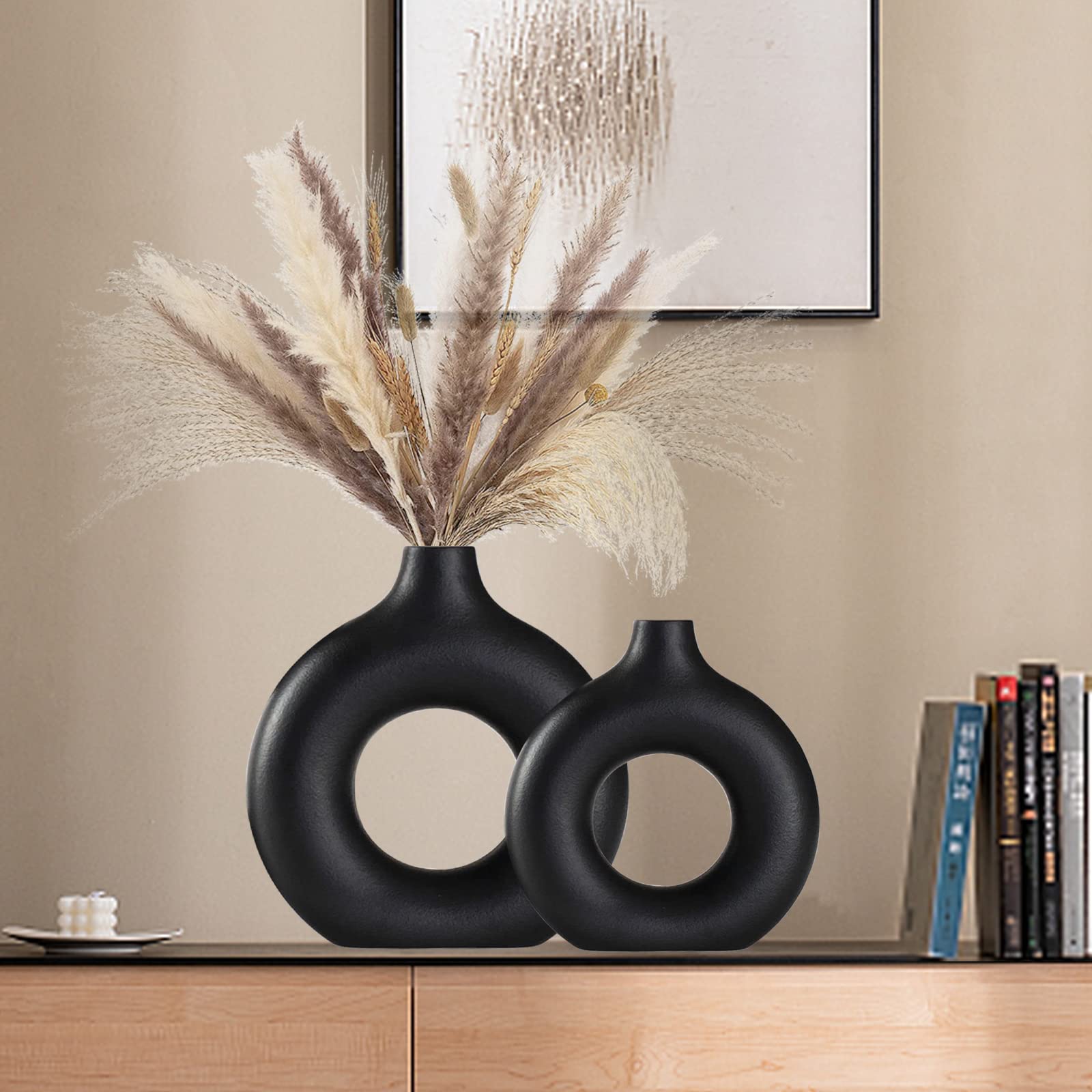 White Ceramic Vases- 2 for Modern Home Decor, Round Matte Boho Vase for Decor, Ceramic Minimalist Nordic Style for Wedding Dinner Table Living Room Office