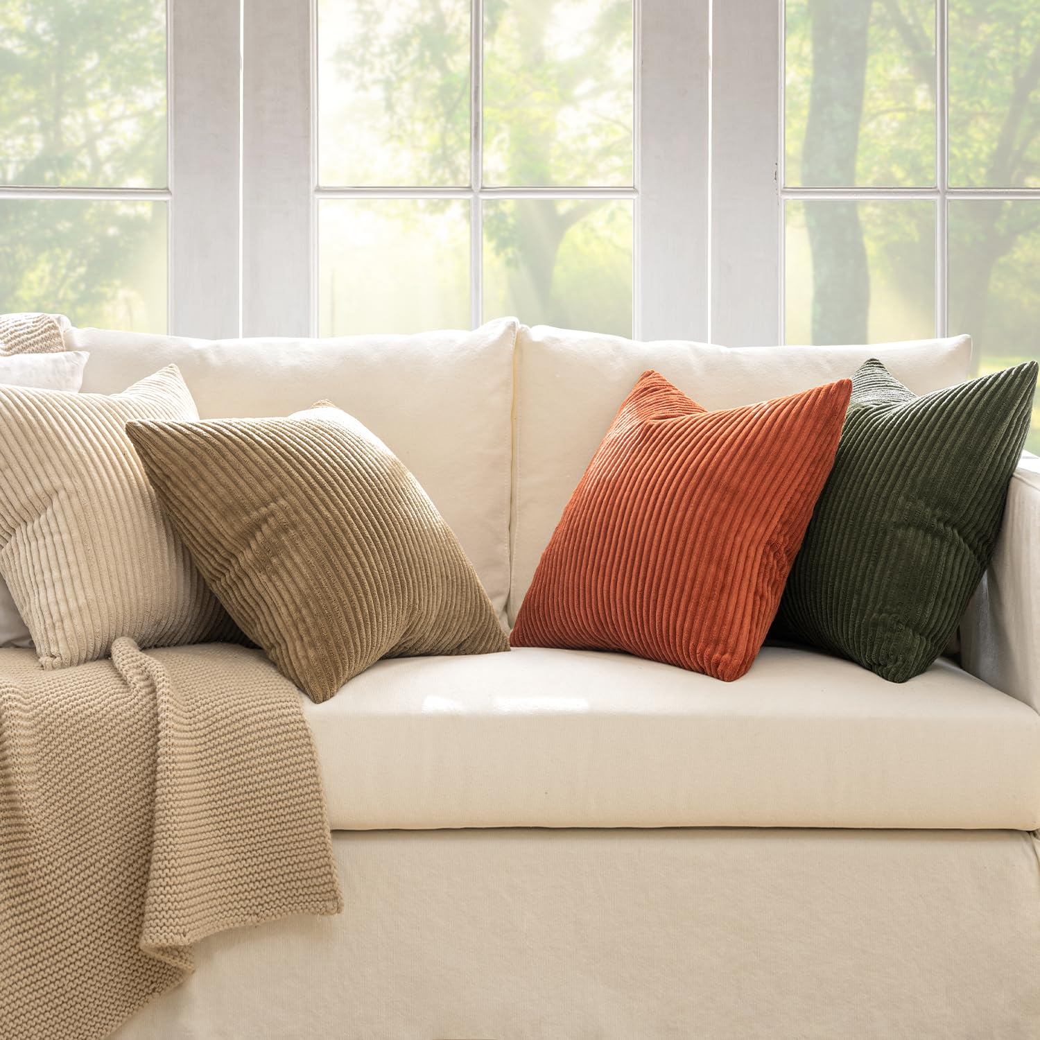 MIULEE Summer Boho Farmhouse Sage Green Throw Pillow Covers 18x18 Inch Set of 4 Mordern Nordic Cushion Covers Soft Corduroy Home Decor for Couch Bed Sofa Living Room Forest Green
