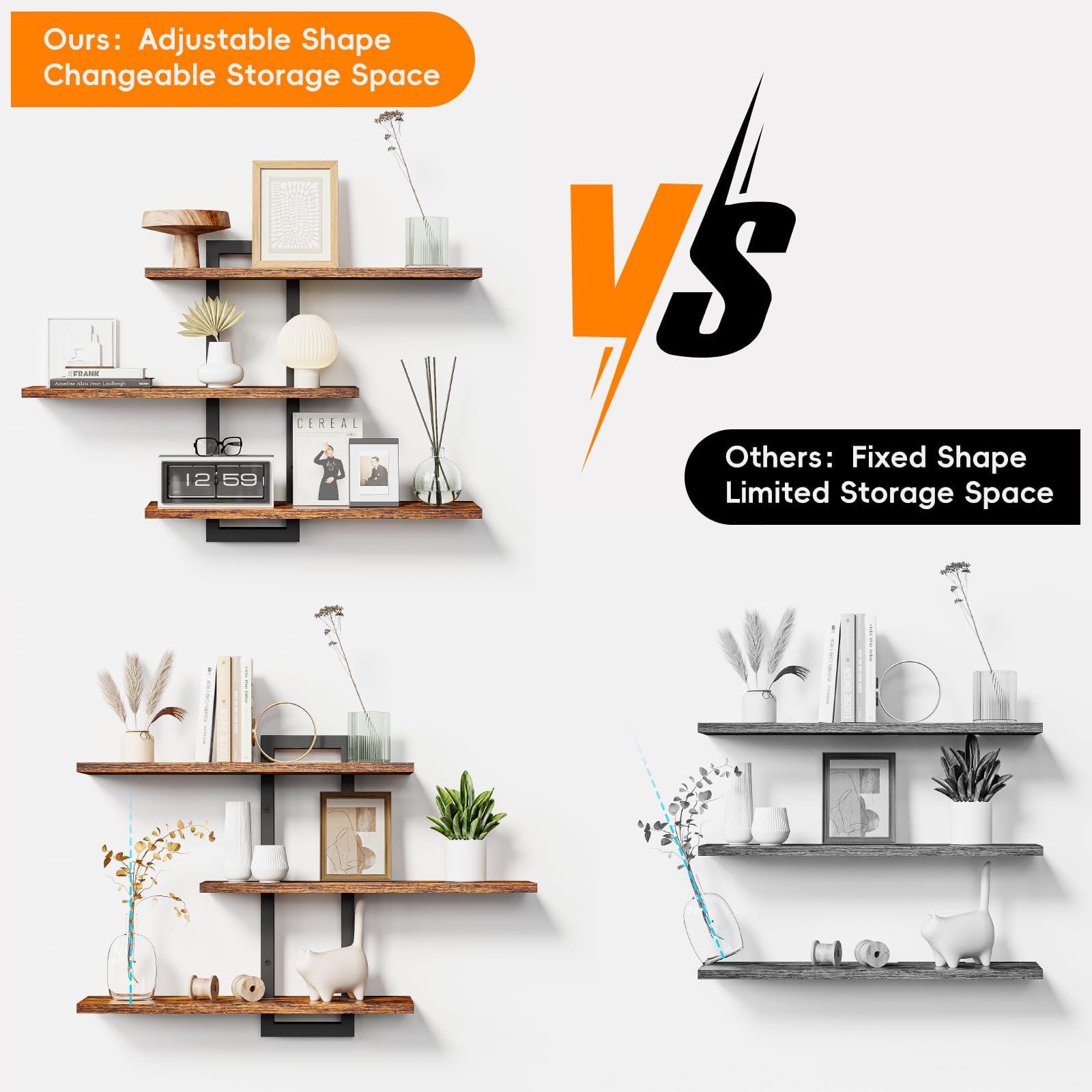 Homode Floating Shelves for Wall, Wood Wall Shelves for Bathroom, 3 Tier Shelves for Wall Decor, Decorative Hanging Storage Shelf for Bedroom Kitchen Living Room, Rustic Brown and Black