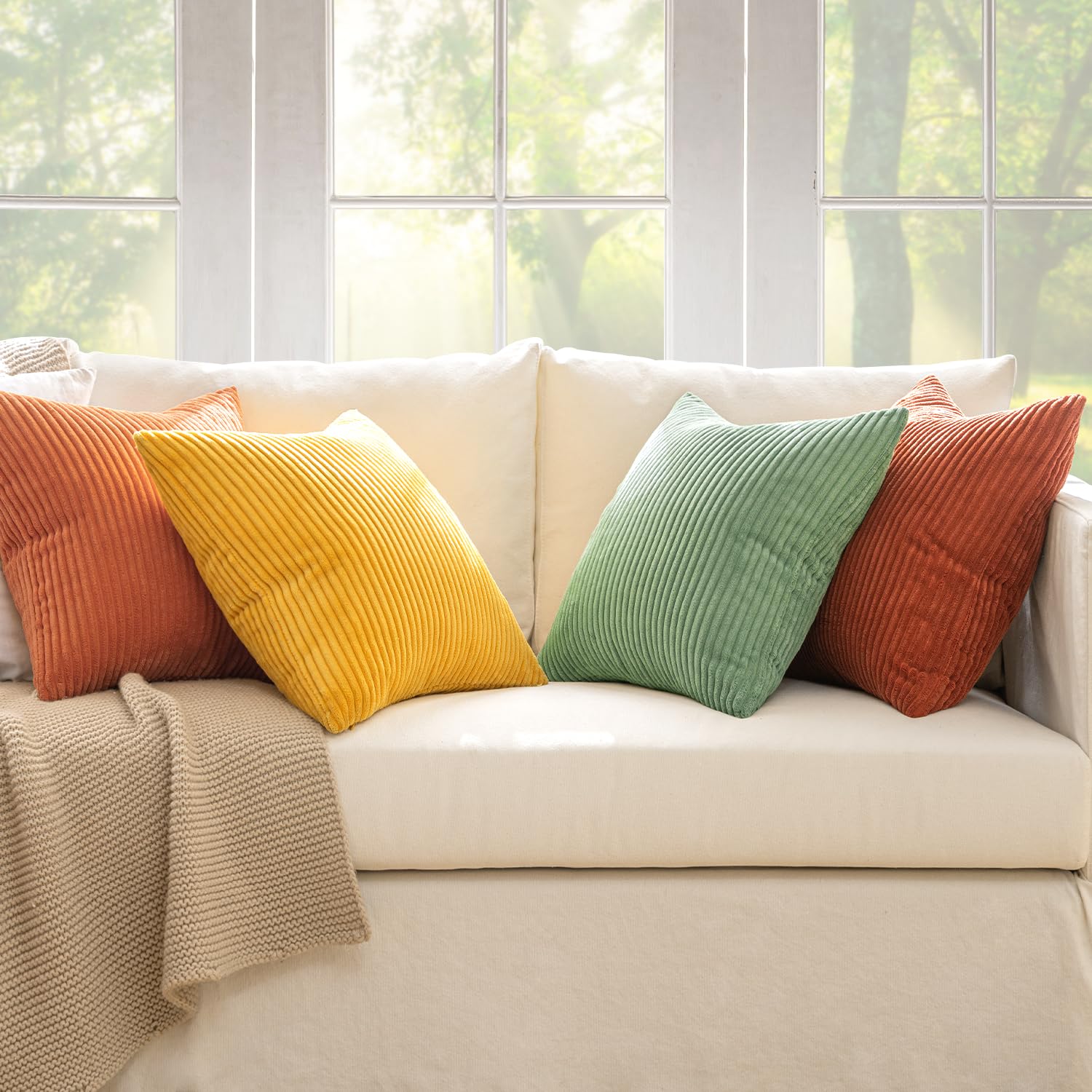 MIULEE Summer Boho Farmhouse Sage Green Throw Pillow Covers 18x18 Inch Set of 4 Mordern Nordic Cushion Covers Soft Corduroy Home Decor for Couch Bed Sofa Living Room Forest Green