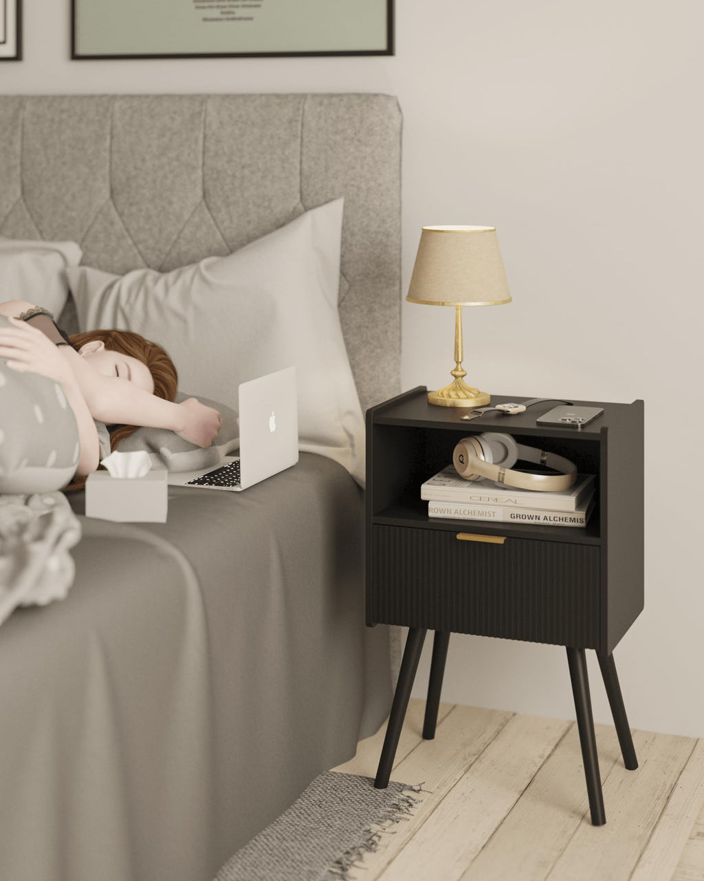 White Nightstand,Modern Bedside Table with Storage Drawer and Open Wood Shelf, for Living Room, Bedroom and Small Spaces, Accent Night Stand with Solid Wood Legs, Easy Assembly,Classic White