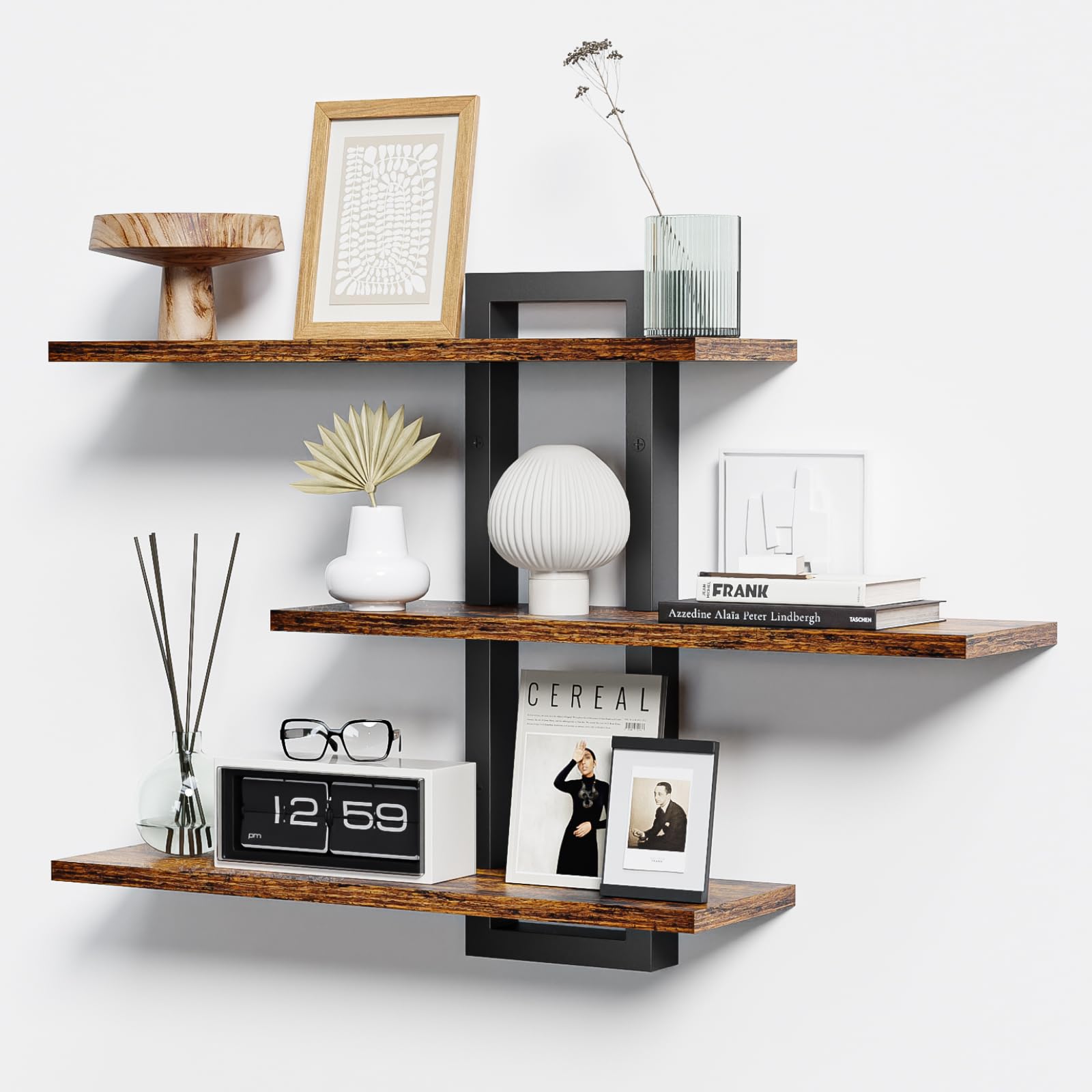 Homode Floating Shelves for Wall, Wood Wall Shelves for Bathroom, 3 Tier Shelves for Wall Decor, Decorative Hanging Storage Shelf for Bedroom Kitchen Living Room, Rustic Brown and Black