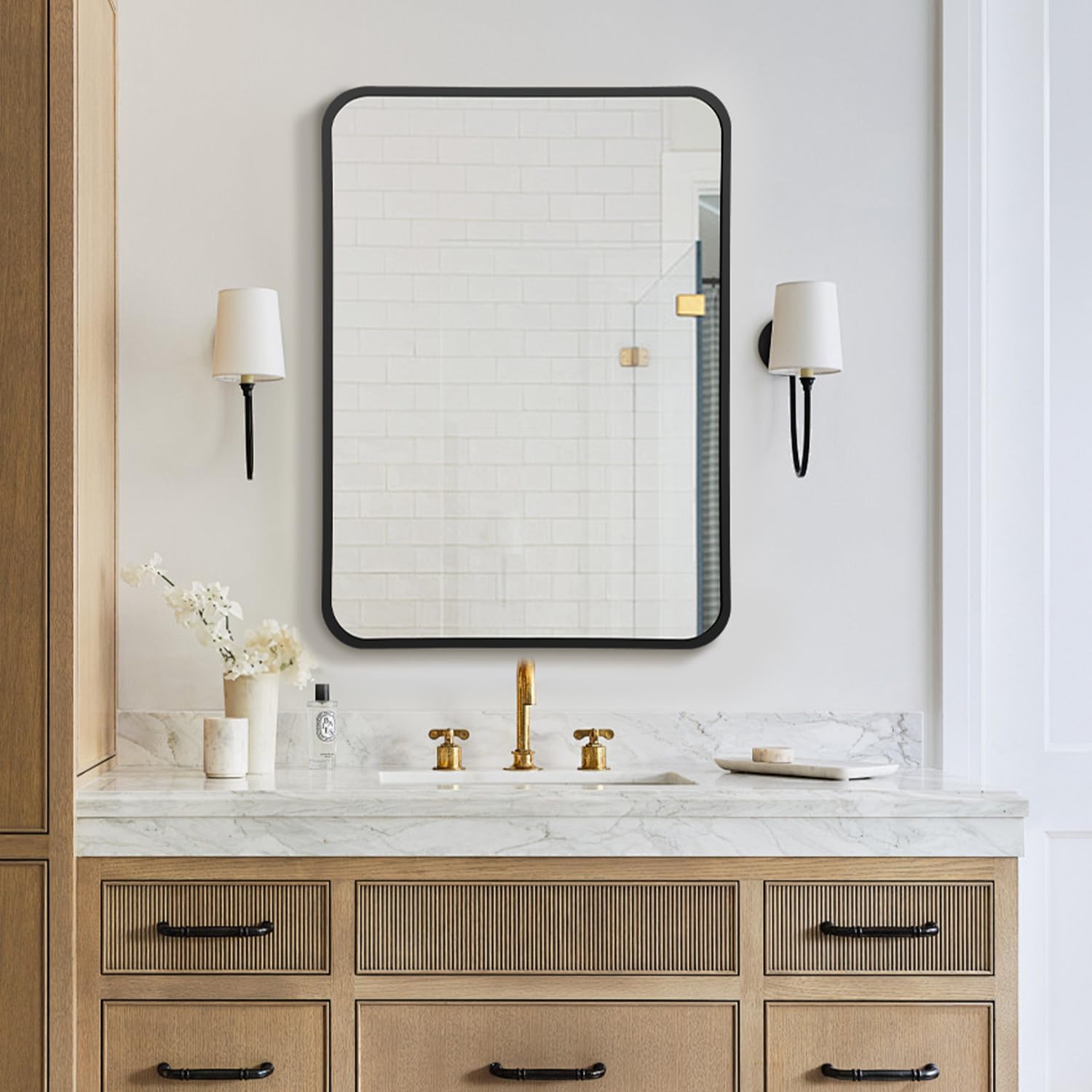 Irregular Mirror 34"x21" Heterotypic Bathroom Mirror Asymmetrical Wall Mirror Black Vanity Mirror Frosted Frameless Anti-Rust Tempered Glass Hangs Mirror for Bedroom Entryway Room Decorative