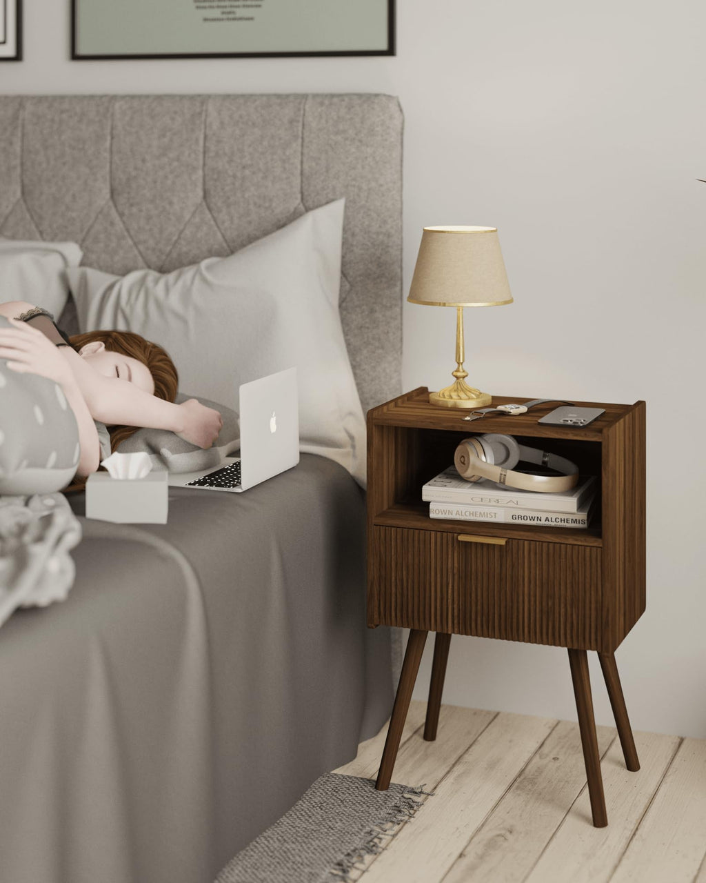 White Nightstand,Modern Bedside Table with Storage Drawer and Open Wood Shelf, for Living Room, Bedroom and Small Spaces, Accent Night Stand with Solid Wood Legs, Easy Assembly,Classic White