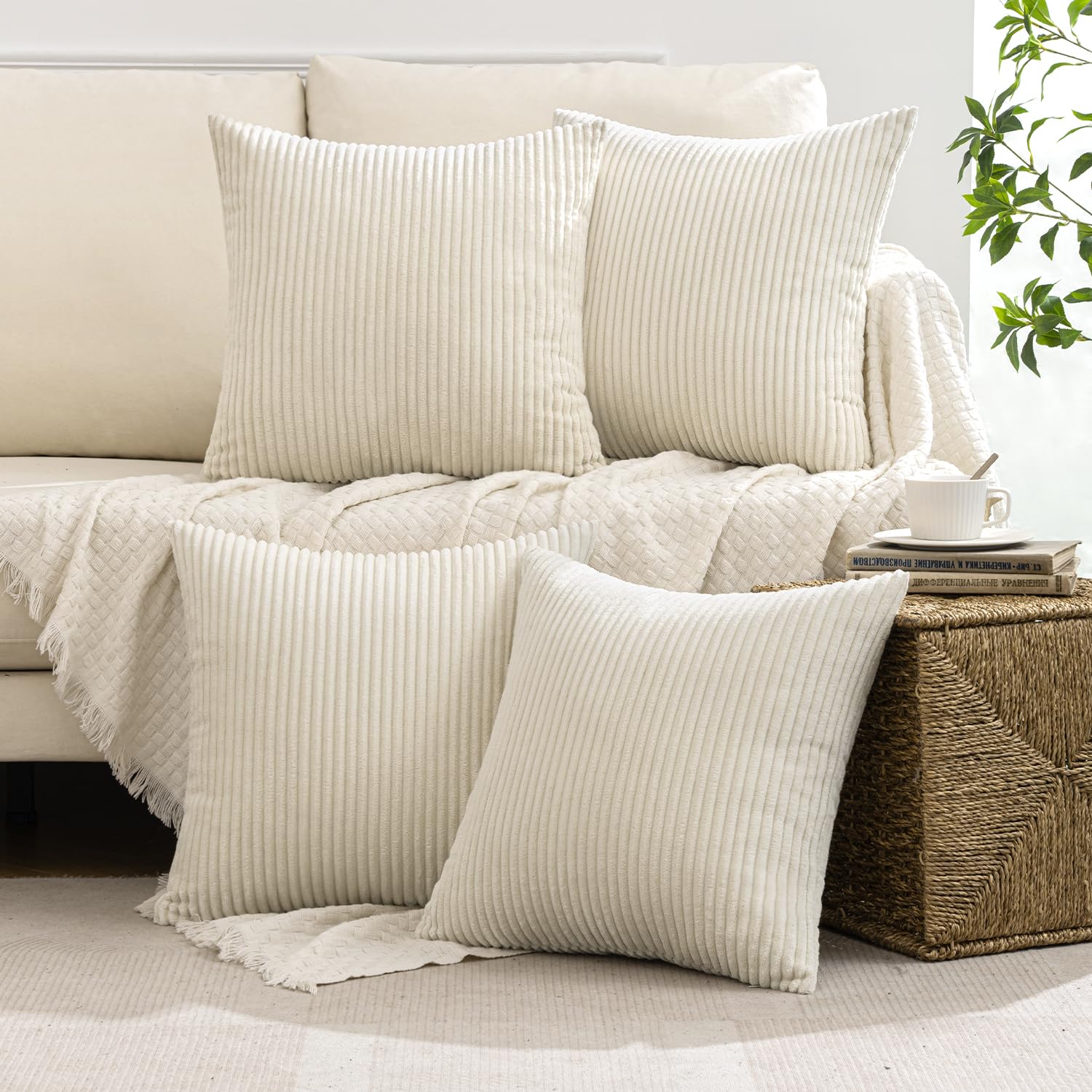 MIULEE Summer Boho Farmhouse Sage Green Throw Pillow Covers 18x18 Inch Set of 4 Mordern Nordic Cushion Covers Soft Corduroy Home Decor for Couch Bed Sofa Living Room Forest Green