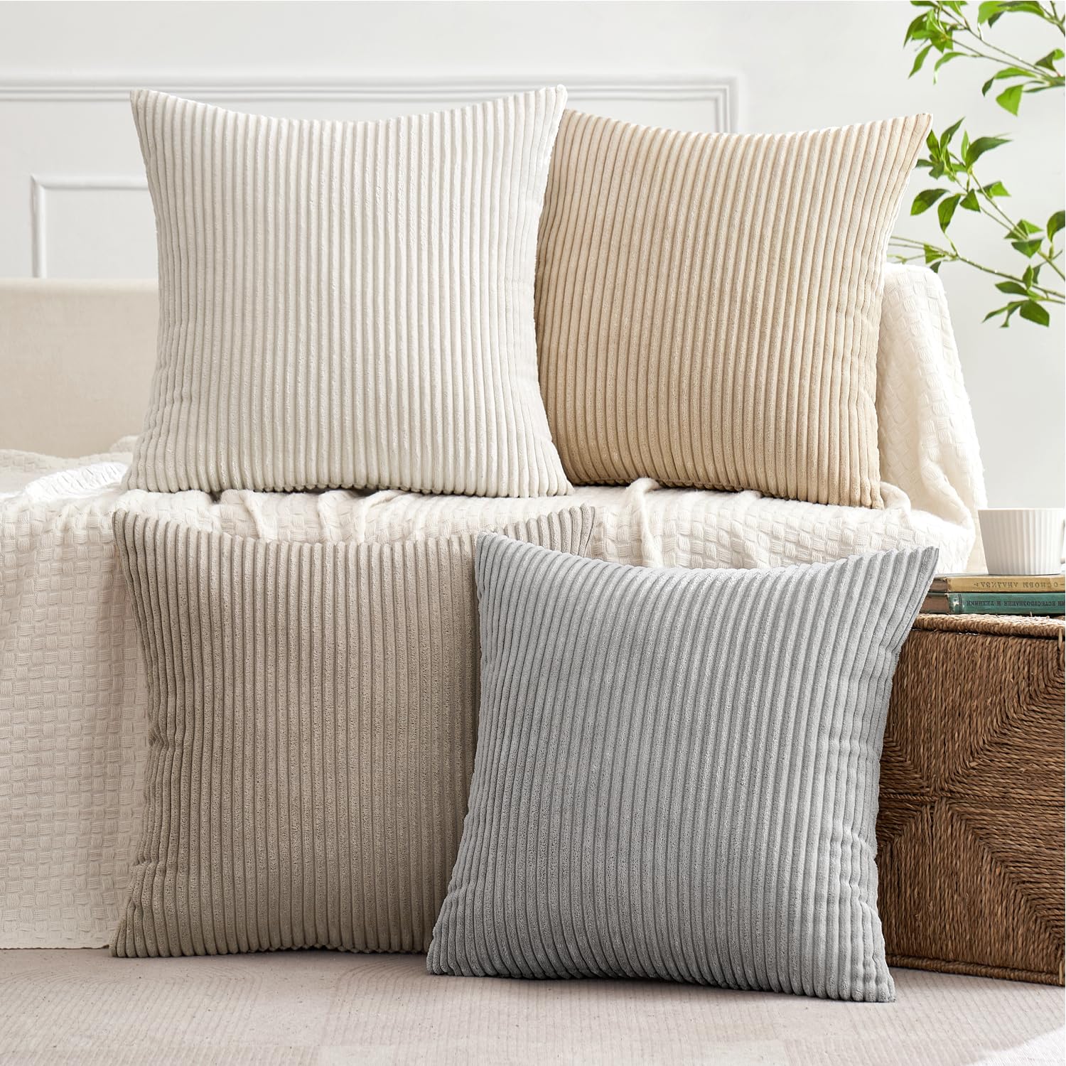 MIULEE Summer Boho Farmhouse Sage Green Throw Pillow Covers 18x18 Inch Set of 4 Mordern Nordic Cushion Covers Soft Corduroy Home Decor for Couch Bed Sofa Living Room Forest Green