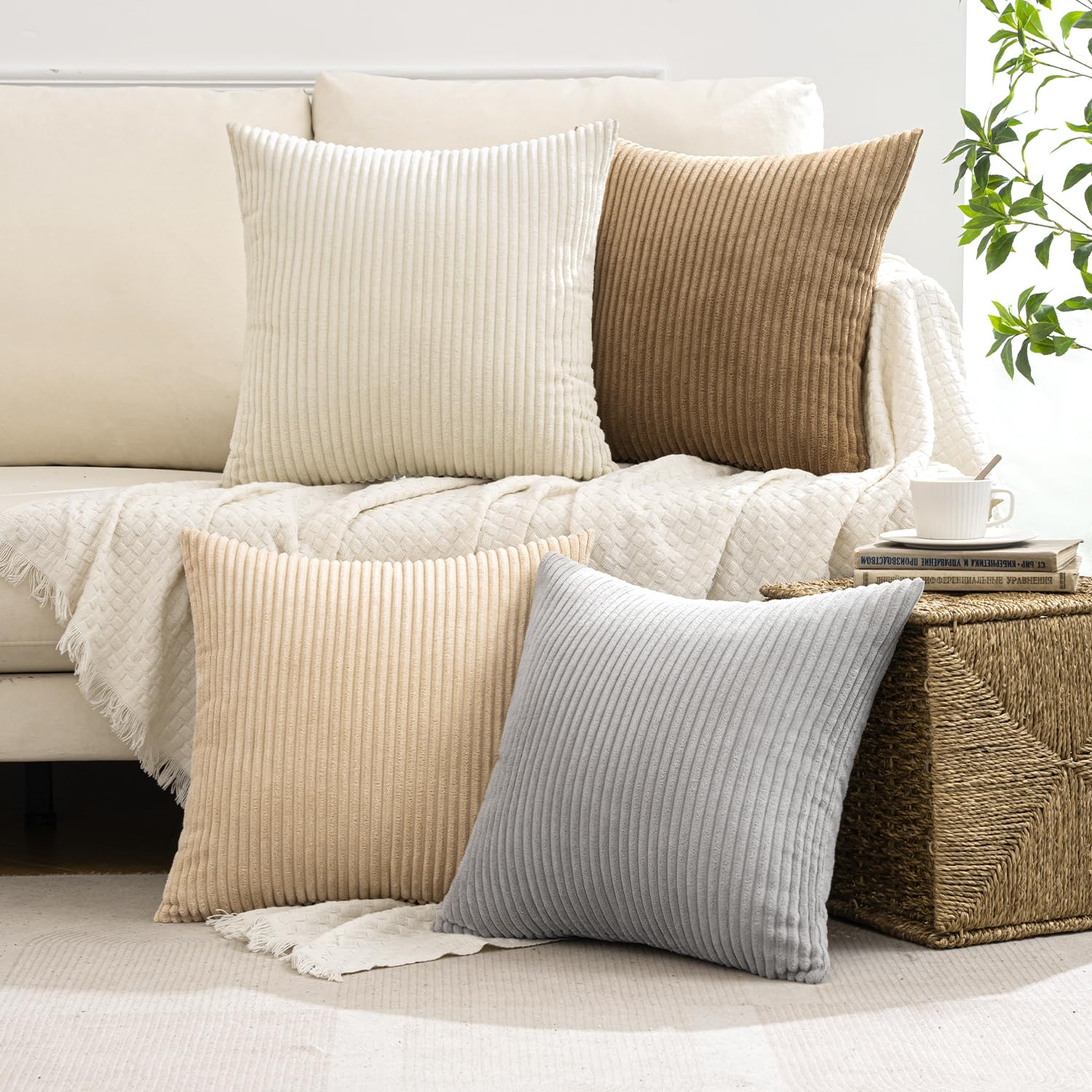 MIULEE Summer Boho Farmhouse Sage Green Throw Pillow Covers 18x18 Inch Set of 4 Mordern Nordic Cushion Covers Soft Corduroy Home Decor for Couch Bed Sofa Living Room Forest Green
