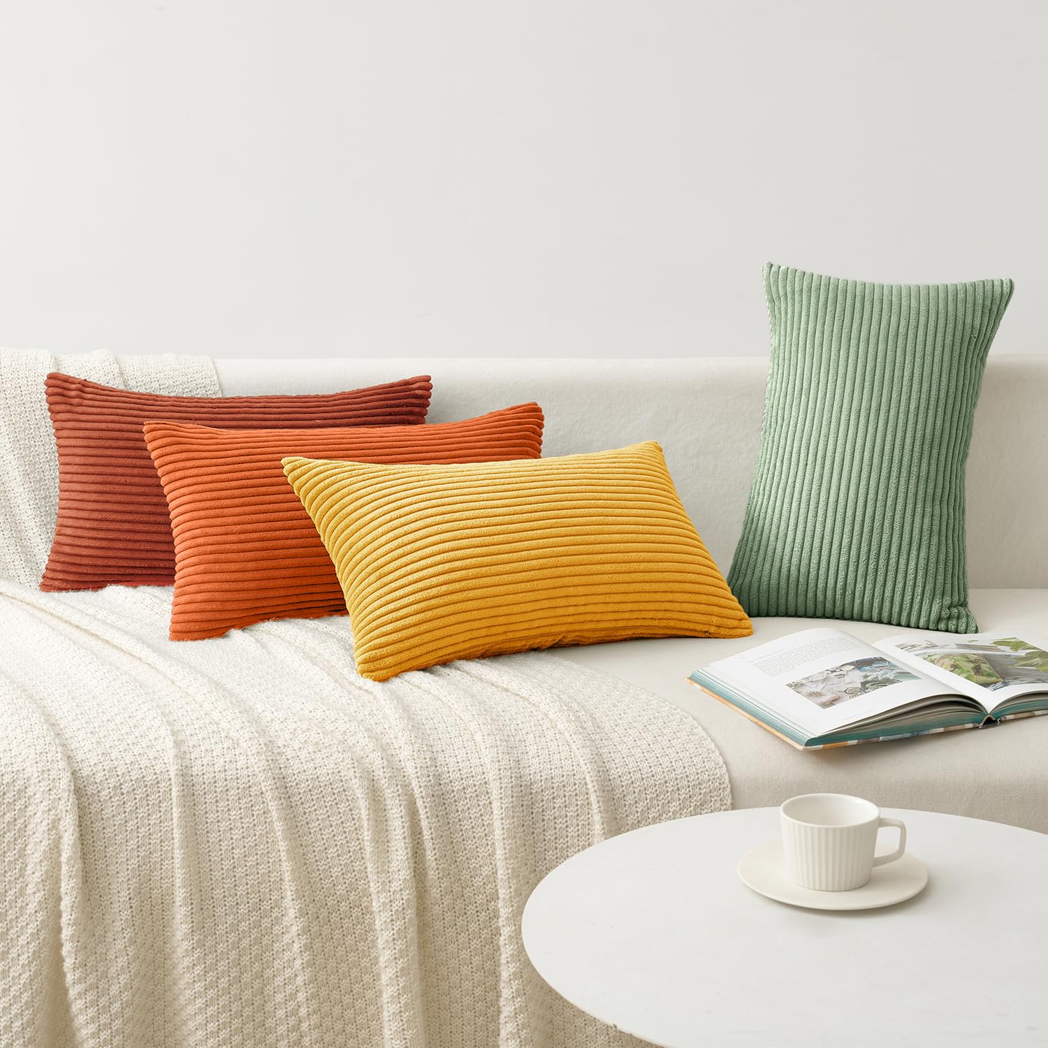 MIULEE Summer Boho Farmhouse Sage Green Throw Pillow Covers 18x18 Inch Set of 4 Mordern Nordic Cushion Covers Soft Corduroy Home Decor for Couch Bed Sofa Living Room Forest Green
