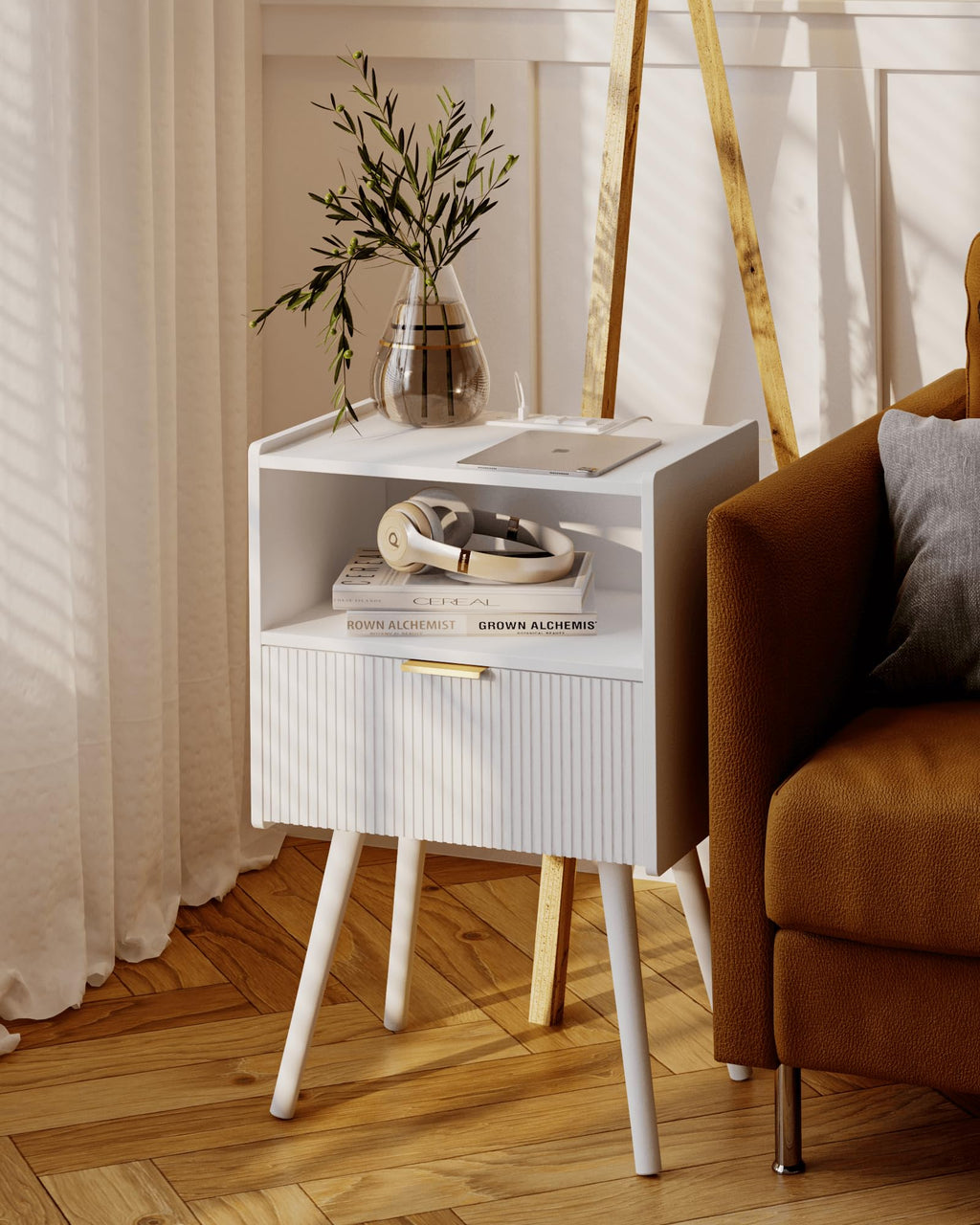 White Nightstand,Modern Bedside Table with Storage Drawer and Open Wood Shelf, for Living Room, Bedroom and Small Spaces, Accent Night Stand with Solid Wood Legs, Easy Assembly,Classic White