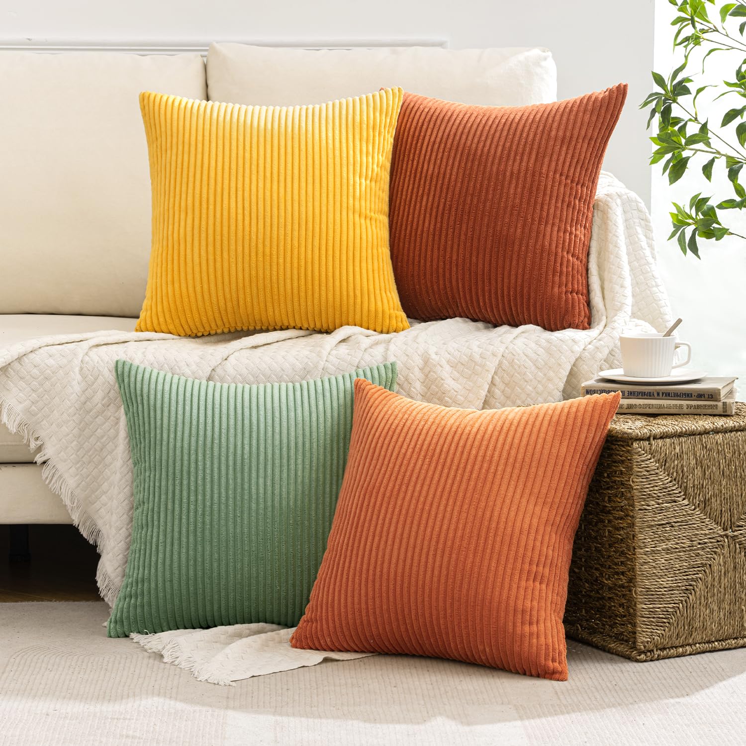MIULEE Summer Boho Farmhouse Sage Green Throw Pillow Covers 18x18 Inch Set of 4 Mordern Nordic Cushion Covers Soft Corduroy Home Decor for Couch Bed Sofa Living Room Forest Green